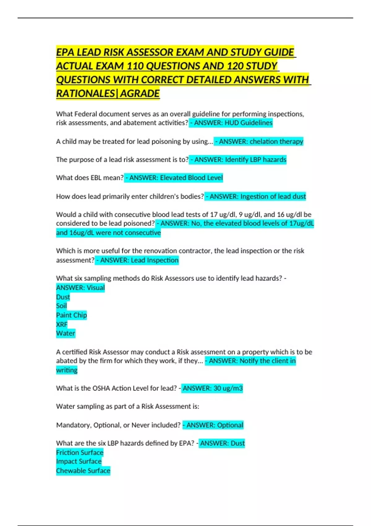 EPA LEAD RISK ASSESSOR EXAM AND STUDY GUIDE ACTUAL EXAM 110 QUESTIONS