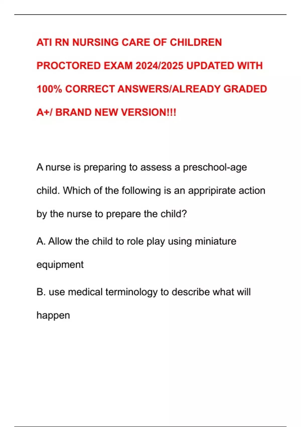 ATI RN NURSING CARE OF CHILDREN PROCTORED EXAM 2024/2025 UPDATED WITH ...