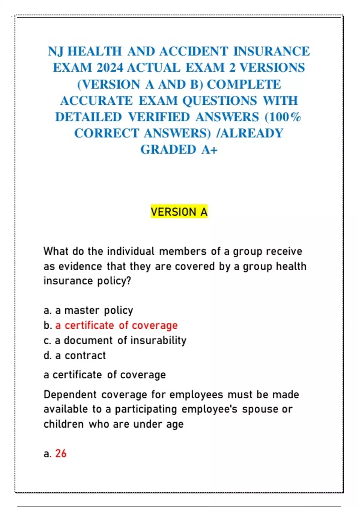 NJ HEALTH AND ACCIDENT INSURANCE EXAM 2024 ACTUAL EXAM 2 VERSIONS