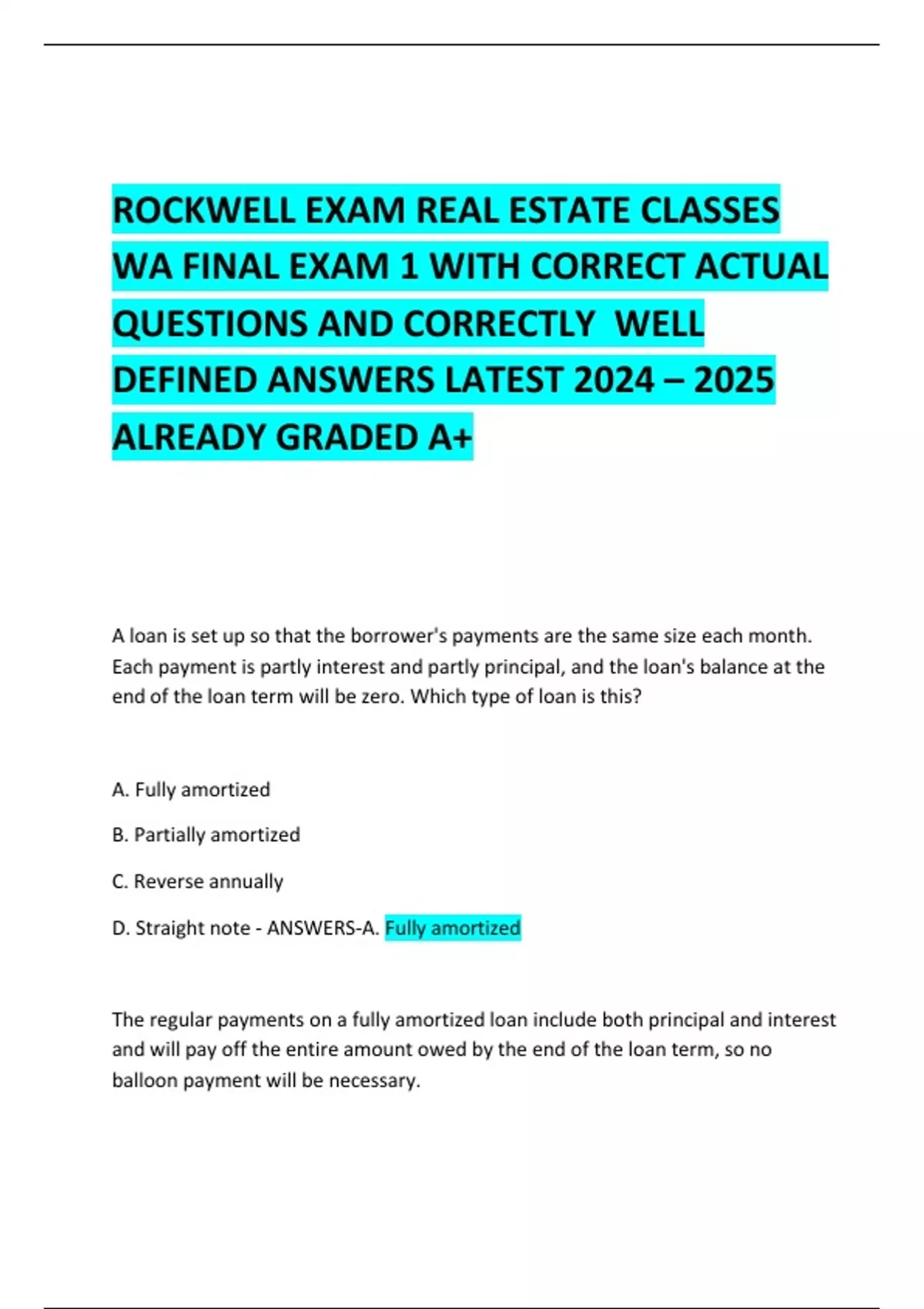 ROCKWELL EXAM REAL ESTATE CLASSES WA FINAL EXAM 1 WITH CORRECT ACTUAL