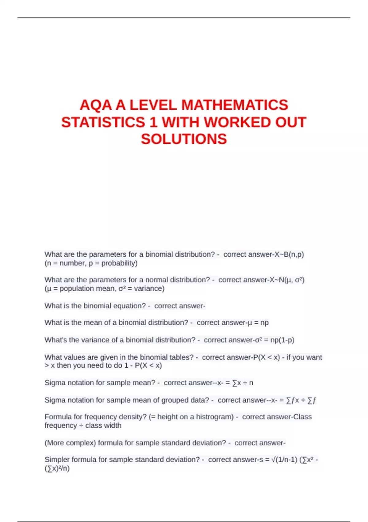 AQA A LEVEL MATHEMATICS STATISTICS 1 WITH WORKED OUT SOLUTIONS. - AQA ...