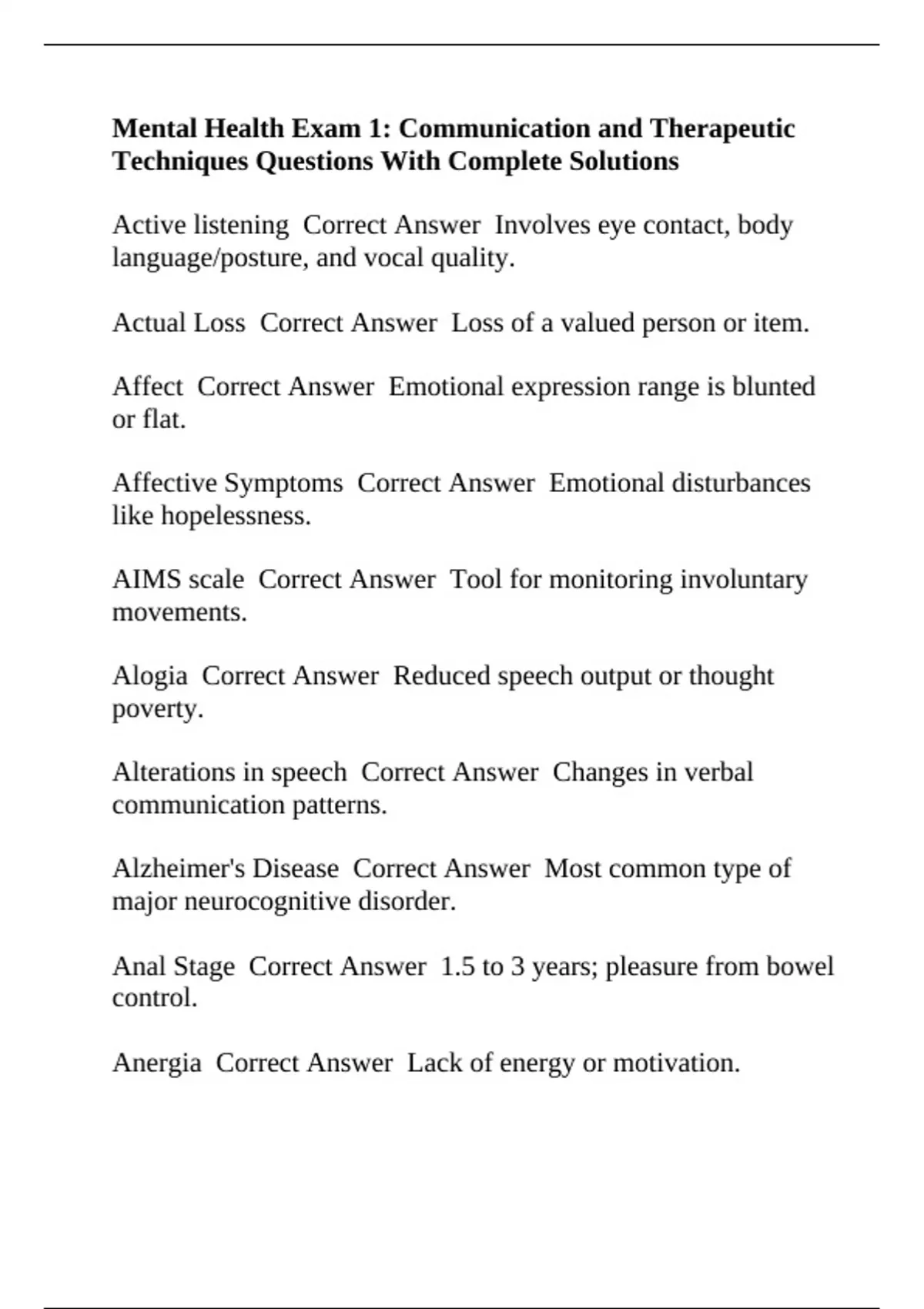 Mental Health Exam 1 Communication and Therapeutic Techniques