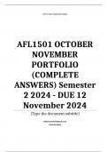 AFL1501 OCTOBER NOVEMBER PORTFOLIO &lpar;COMPLETE ANSWERS&rpar; Semester 2 2024 - DUE 12 November 2024&semi; 100&percnt; TRUSTED Complete&comma; trusted solutions and explanations&period;&period; Ensure your success with us&period;&period;&period;