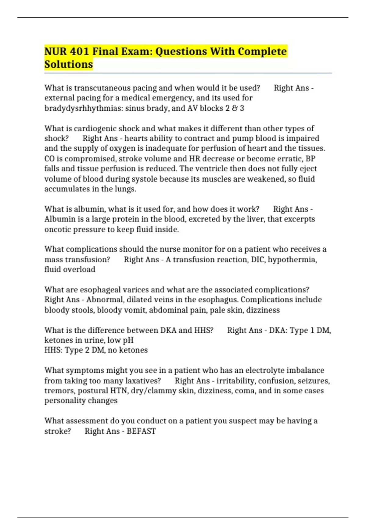 NUR 401 Final Exam: Questions With Complete Solutions - NURS 401 ...