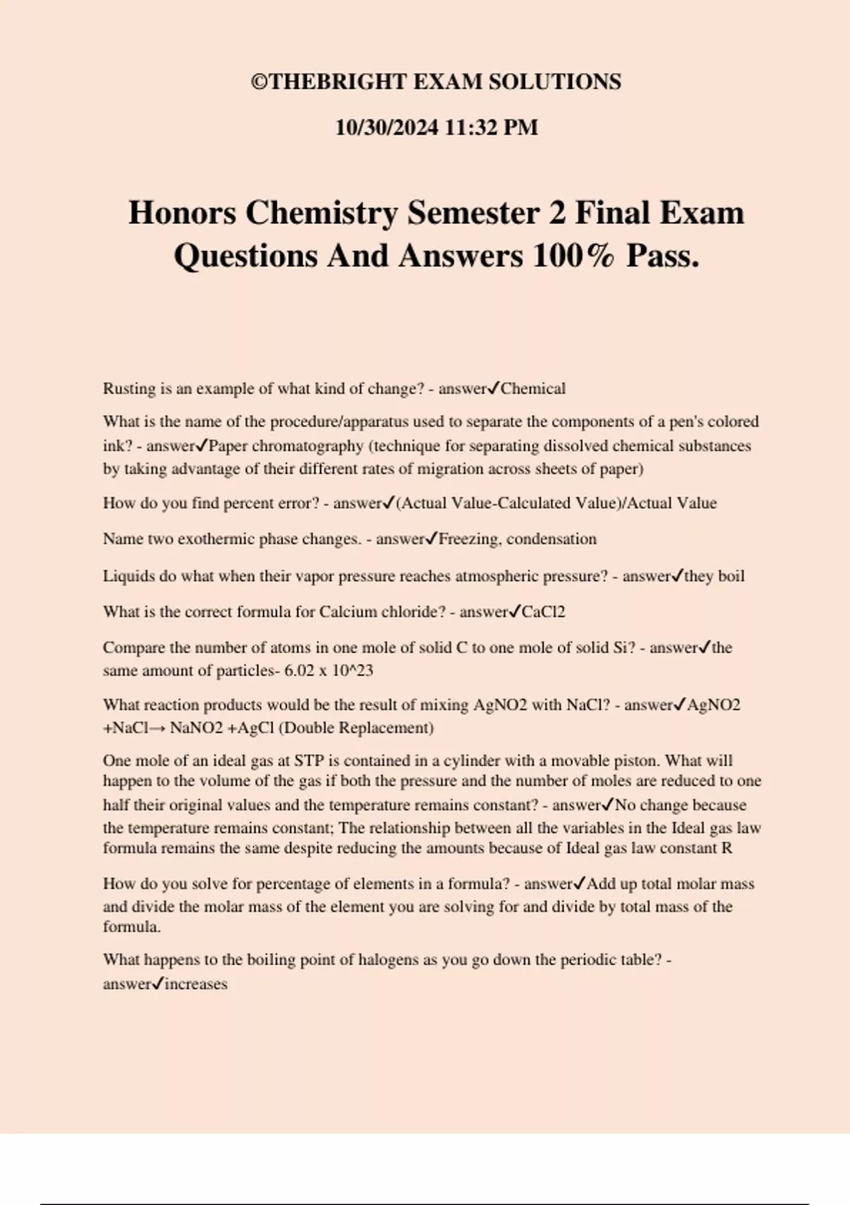 Honors Chemistry Semester 2 Final Exam Questions And Answers 100% Pass ...