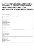 CALIFORNIA REAL ESTATE SALESPERSON EXAM 2024 ACTUAL EXAM 2 VERSIONS &lpar;VERSION A AND B&rpar; COMPLETE ACCURATE EXAM QUESTIONS WITH DETAILED VERIFIED ANSWERS