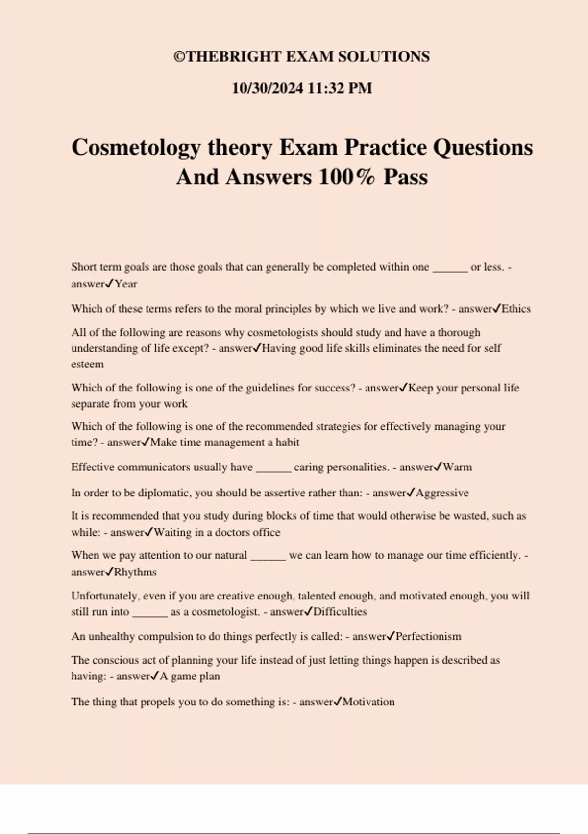 Cosmetology Theory Exam Practice Questions And Answers 100 Pass