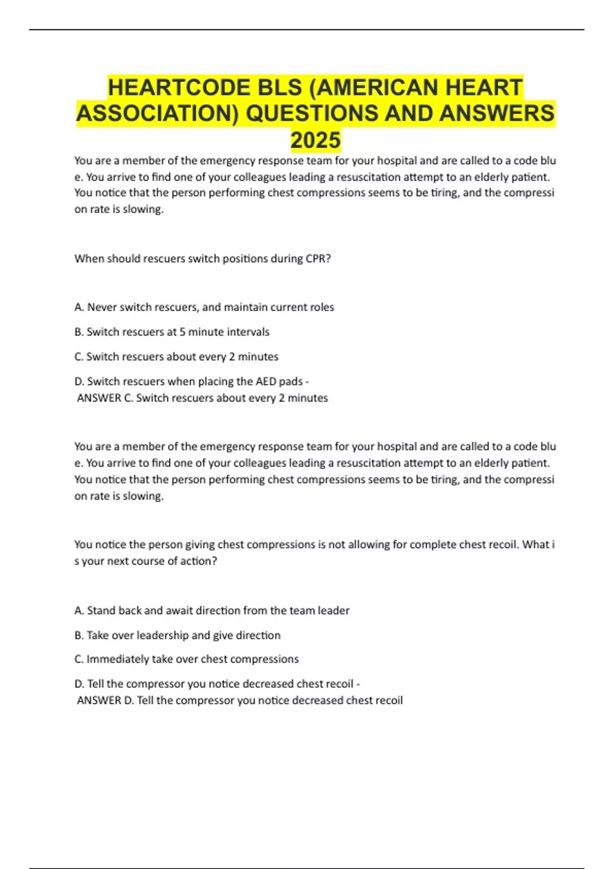 HEARTCODE BLS (AMERICAN HEART ASSOCIATION) QUESTIONS AND ANSWERS 2025 ...