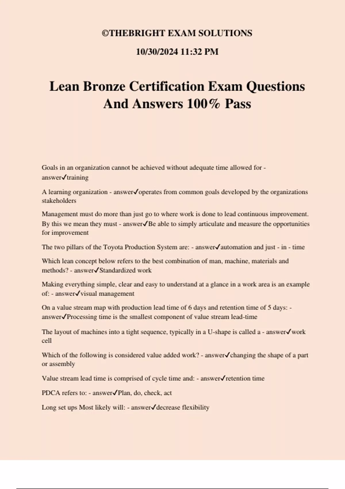 Lean Bronze Lean Bronze Certification Exam Questions And Answers 100% Pass - Lean ...