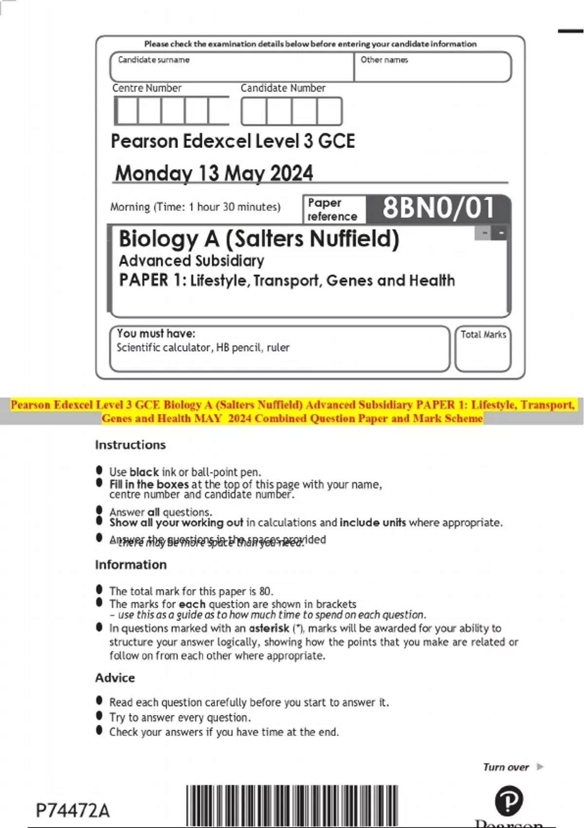 Pearson Edexcel Level 3 GCE Biology A (Salters Nuffield) Advanced ...