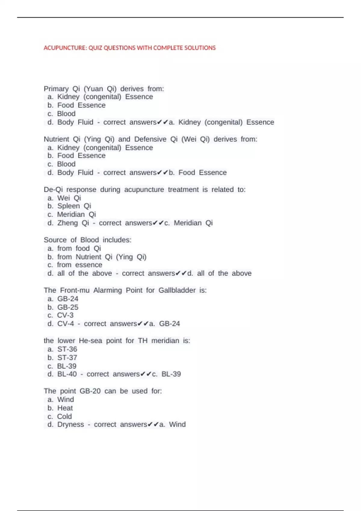 ACUPUNCTURE: QUIZ QUESTIONS WITH COMPLETE SOLUTIONS - Acupuncture ...