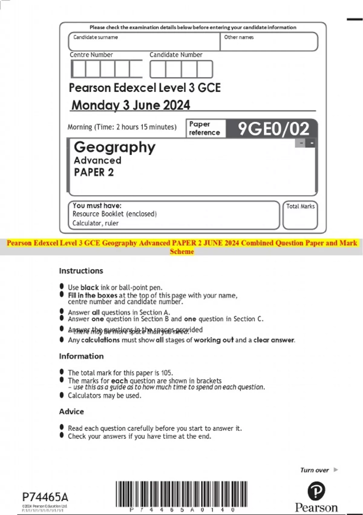 Pearson Edexcel Level 3 GCE Geography Advanced PAPER 2 JUNE 2024 ...