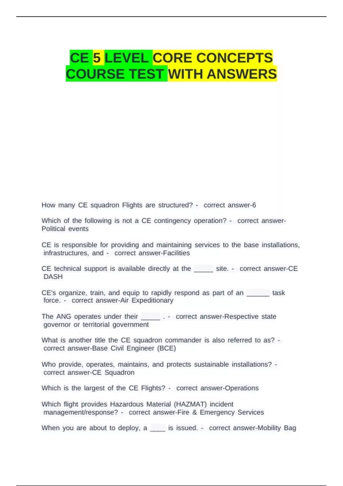 Level Core CE 5 LEVEL CORE CONCEPTS COURSE TEST WITH ANSWERS. - CE 7 - Stuvia US