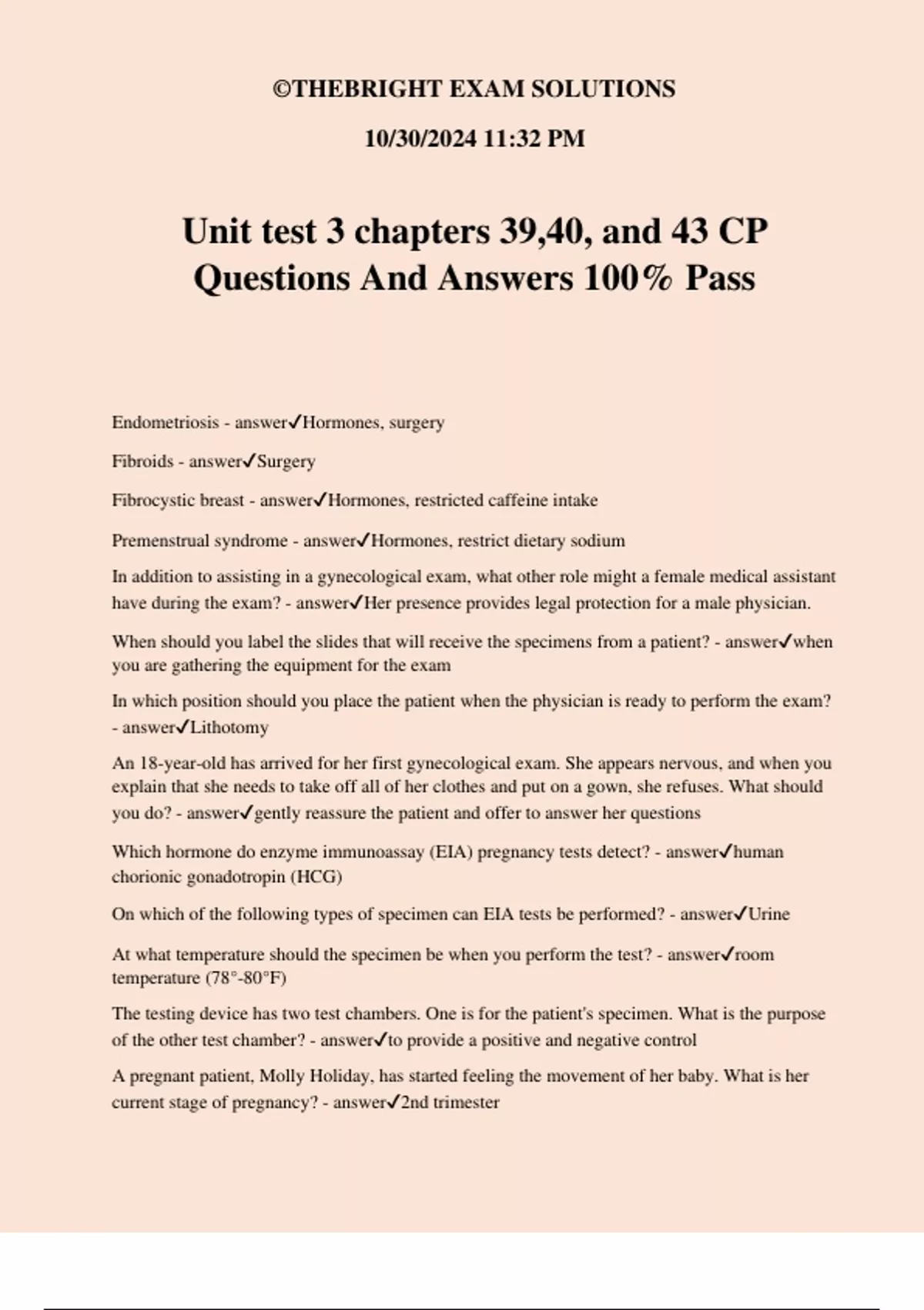 Unit test 3 chapters 39,40, and 43 CP Questions And Answers 100% Pass ...