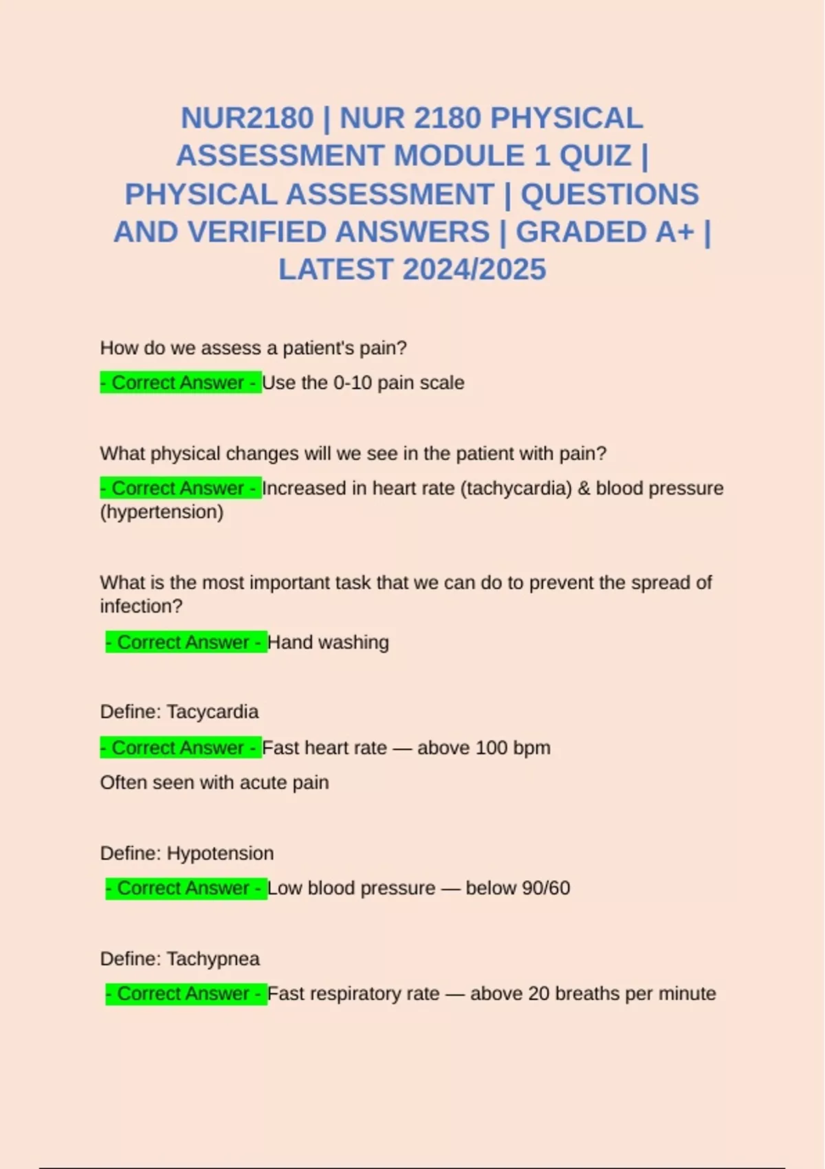 NUR2180 NUR 2180 PHYSICAL ASSESSMENT MODULE 1 QUIZ PHYSICAL