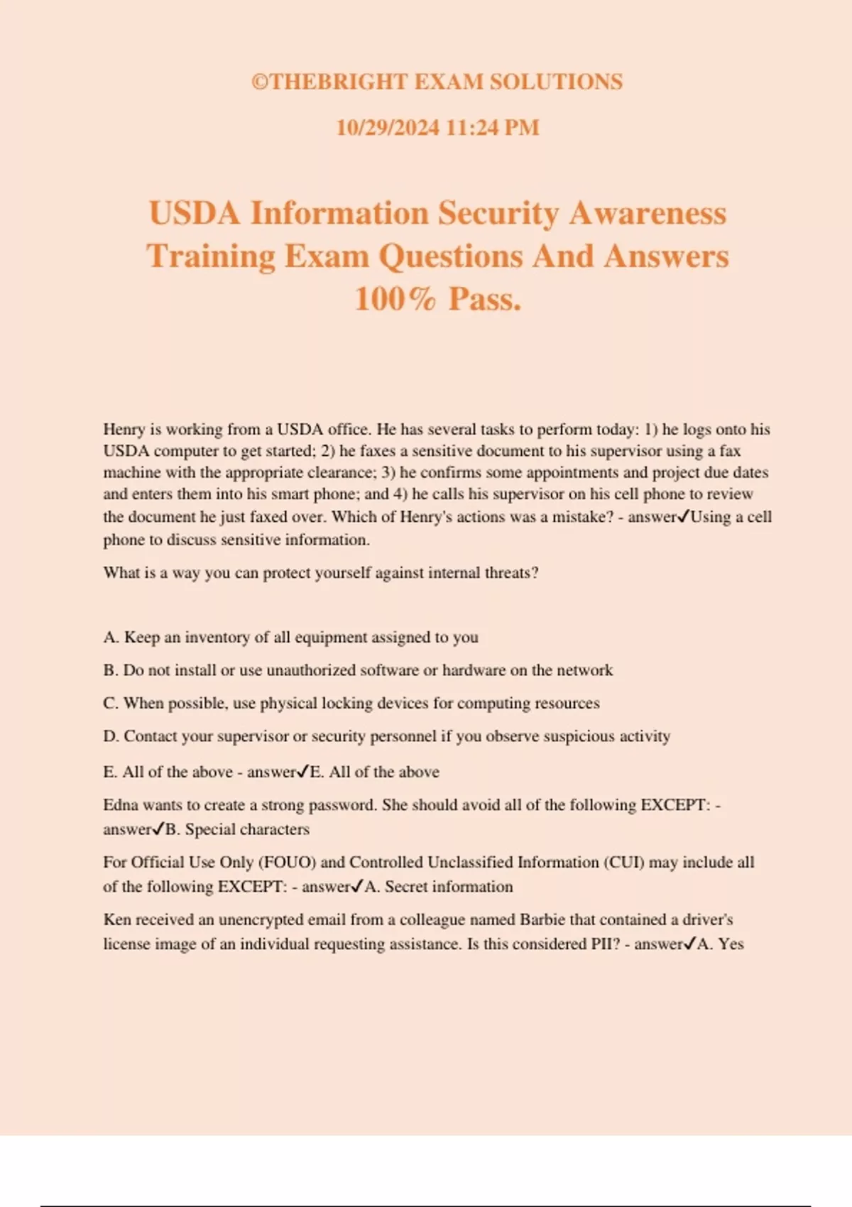 USDA Information Security Awareness Training Exam Questions And Answers ...