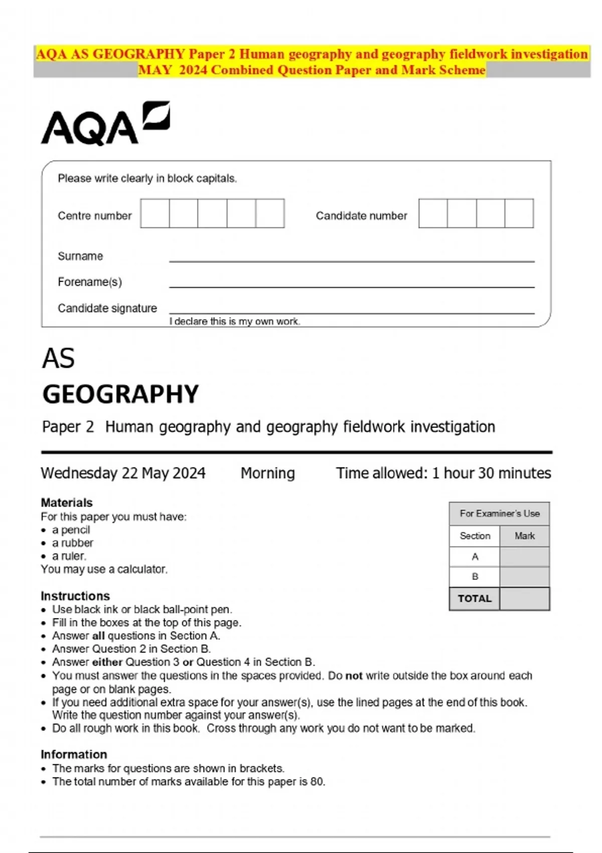 Bundle As Level Geography Combined Question Paper And Mark Scheme