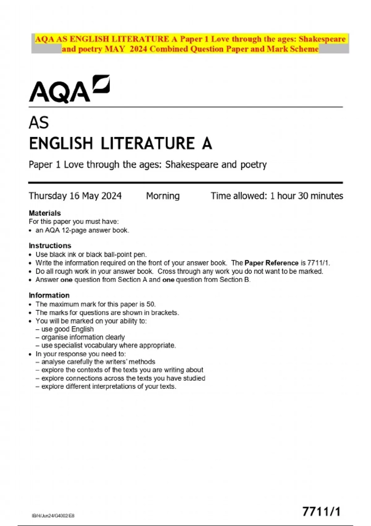 AQA AS ENGLISH LITERATURE A Paper 1 Love through the ages: Shakespeare ...