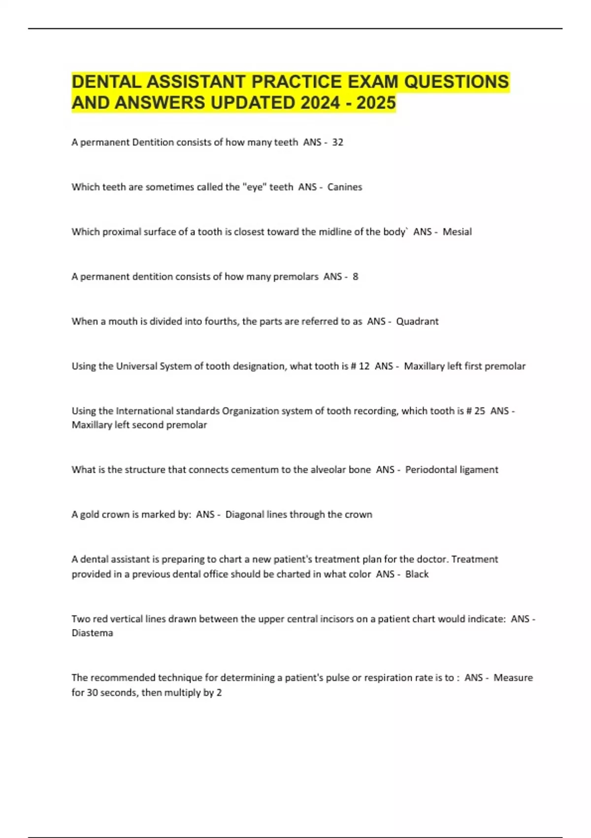 DENTAL ASSISTANT PRACTICE EXAM QUESTIONS AND ANSWERS UPDATED - DAANCE ...