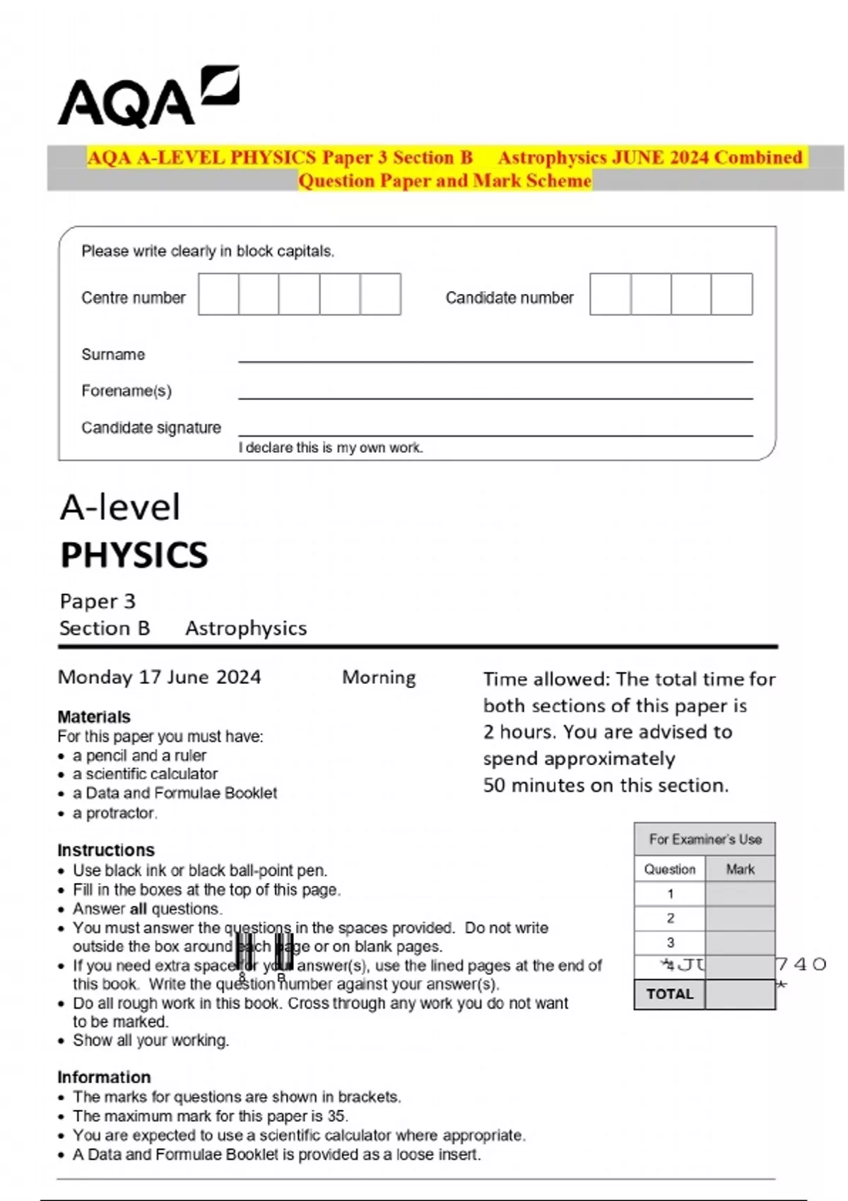 AQA A-LEVEL PHYSICS Paper 3 Section B Astrophysics JUNE 2024 Combined ...