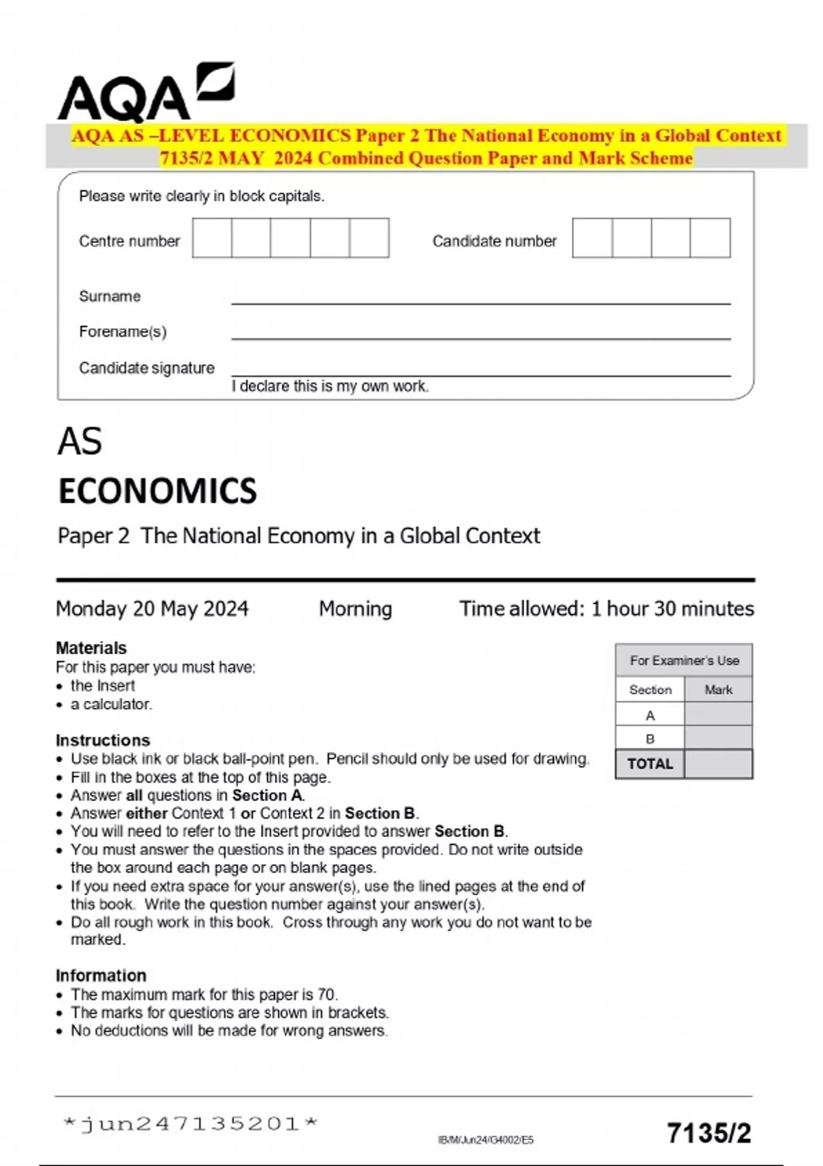 AQA AS –LEVEL ECONOMICS Paper 2 The National Economy in a Global ...