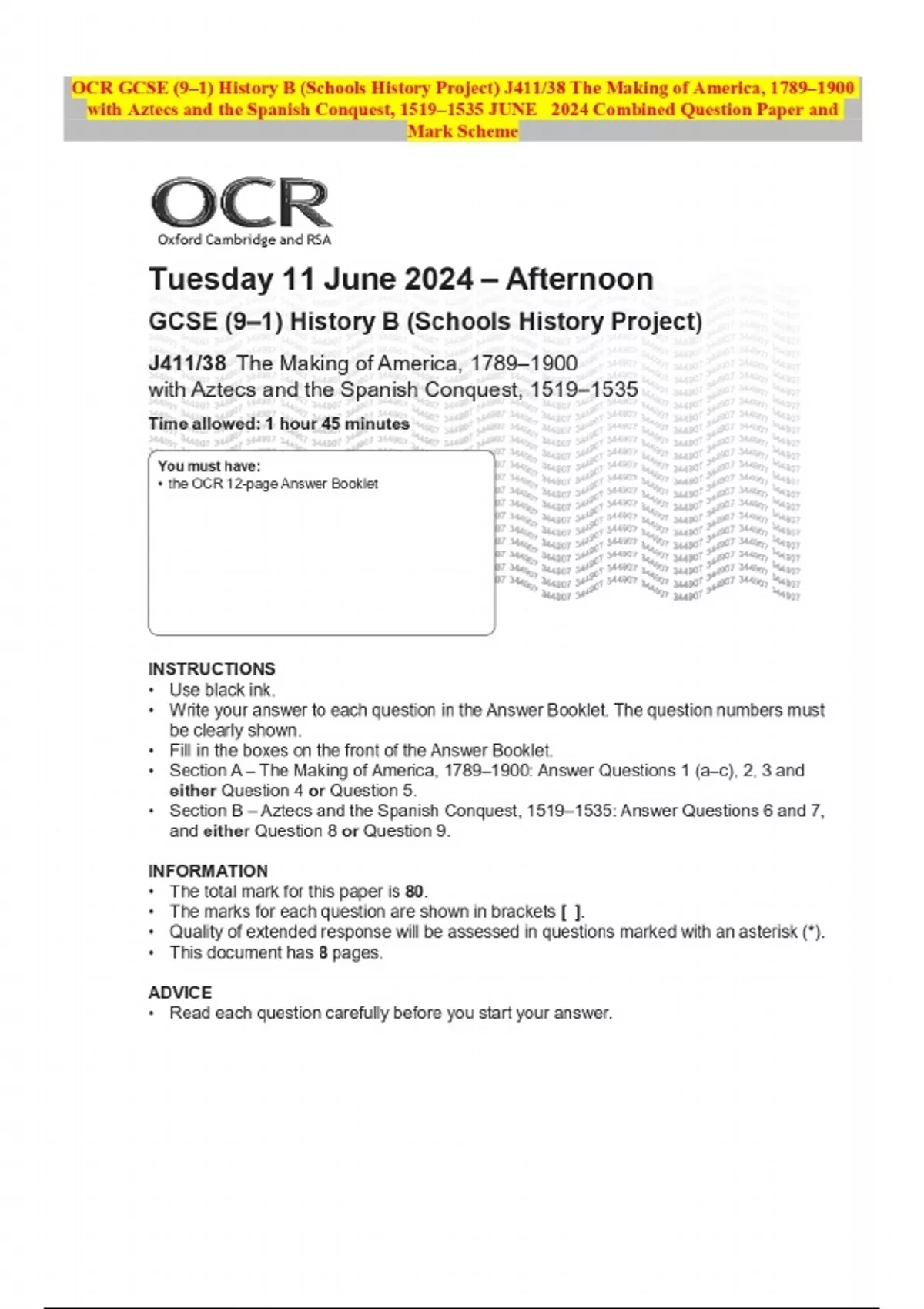 OCR GCSE (9–1) History B (Schools History Project) J411/38 The Making ...