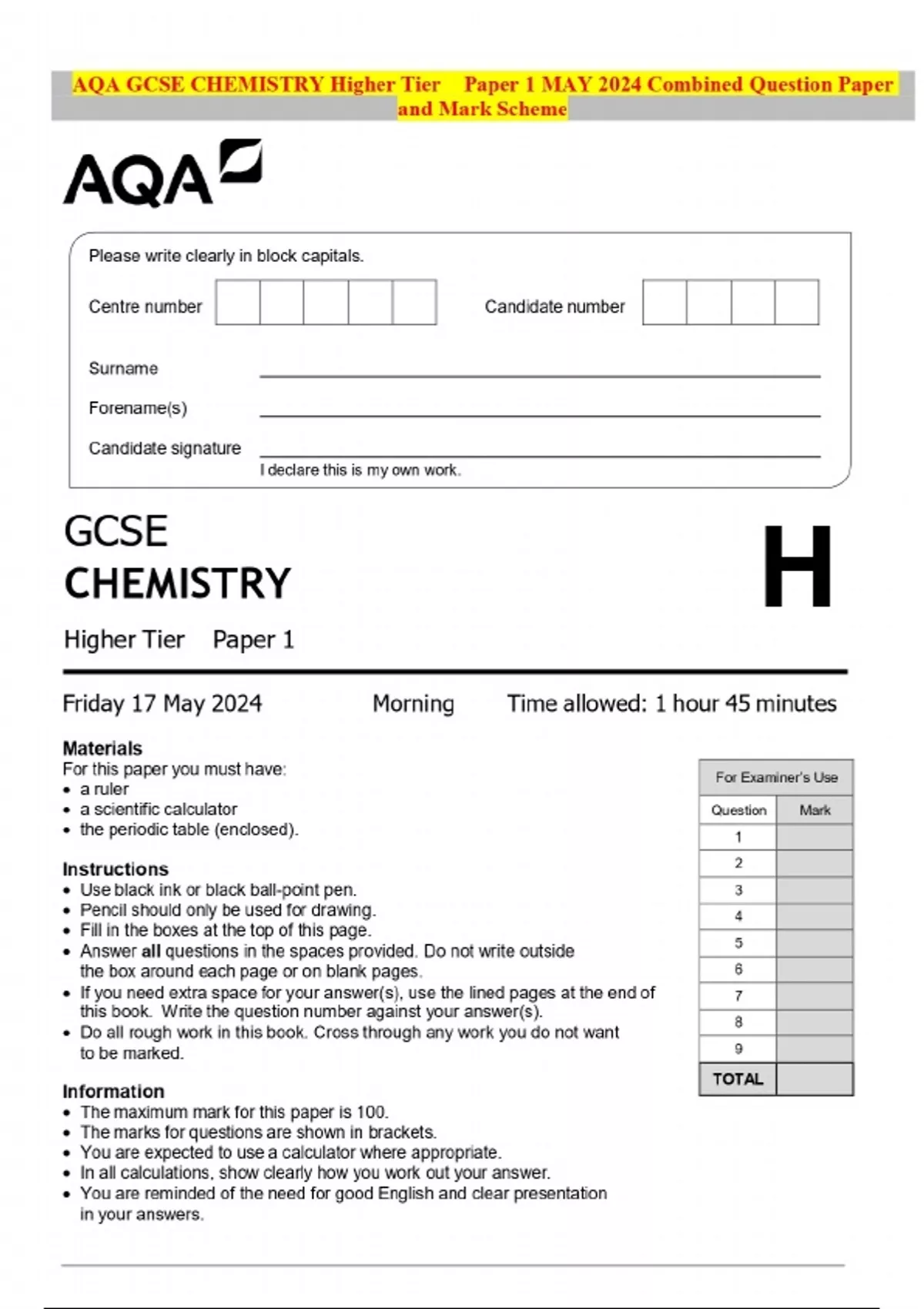 AQA GCSE CHEMISTRY Higher Tier Paper 1 MAY 2024 Combined Question Paper ...