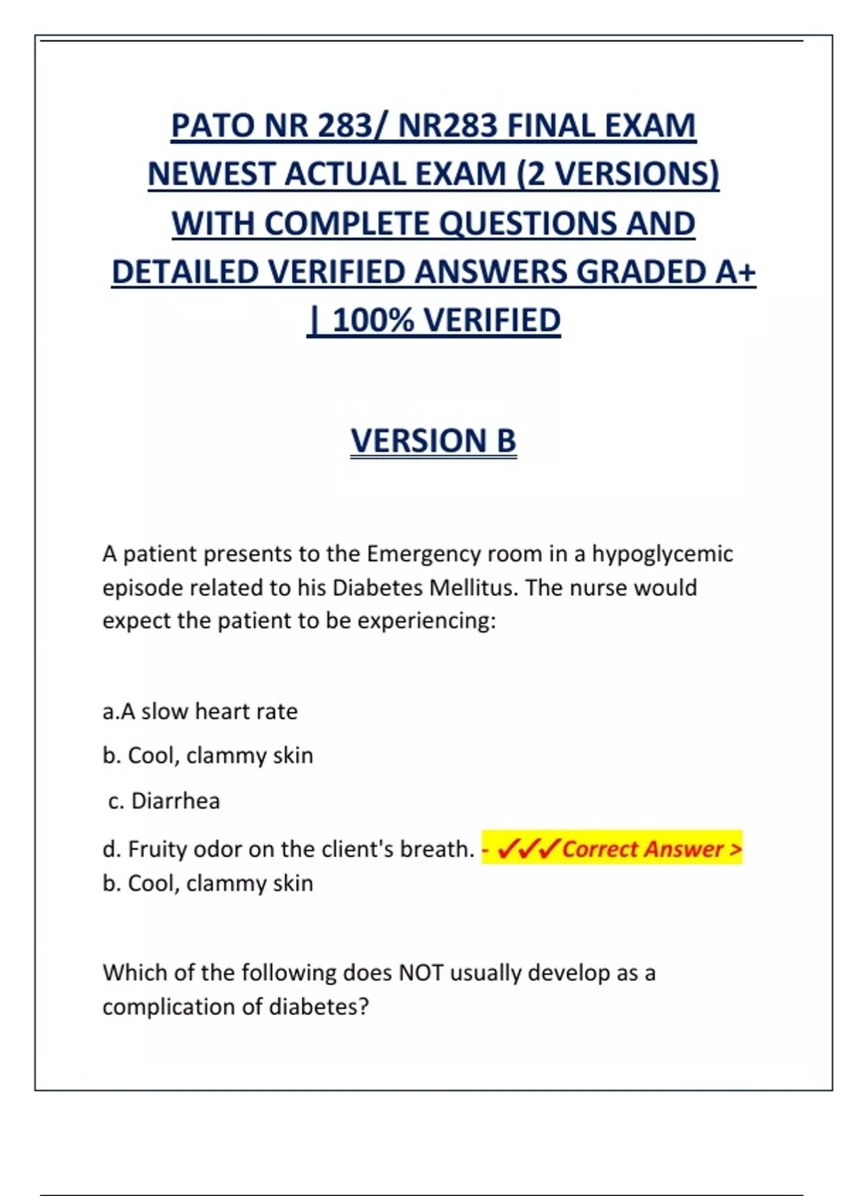 PATHO NR 283/ NR283 FINAL EXAM NEWEST ACTUAL EXAM (2 VERSIONS) WITH ...