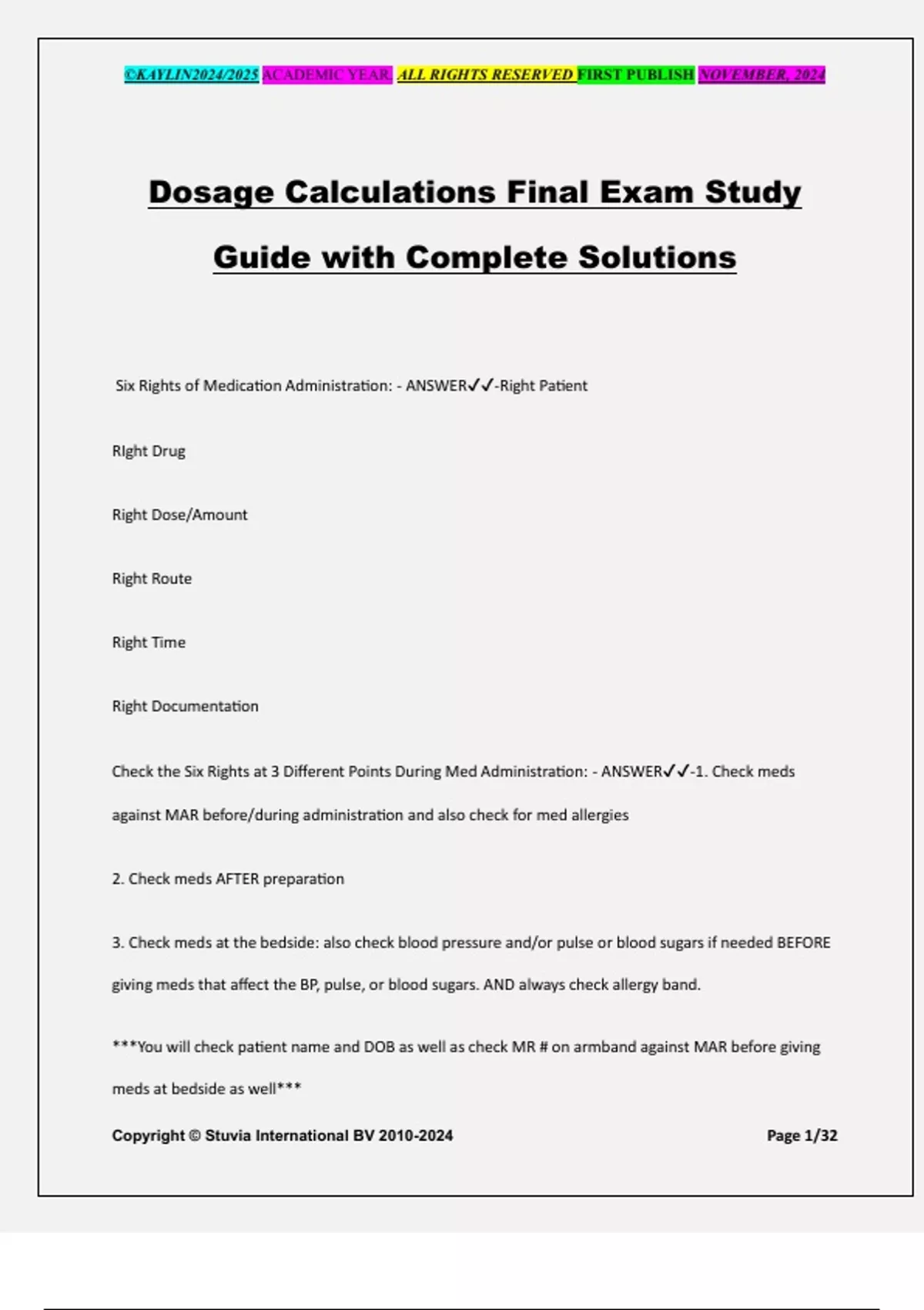 Dosage Calculations Final Exam Study Guide with Complete Solutions ...