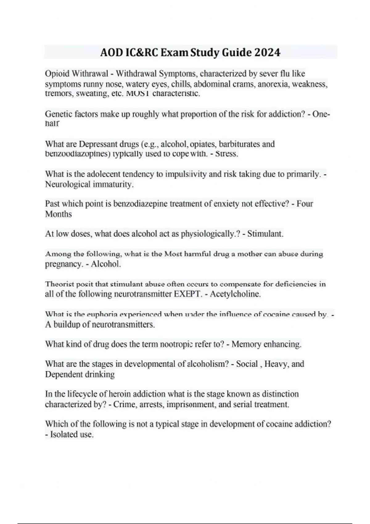 Aod Case Study Examples AOD IC&RC Exam Study Guide 2024 - AOD COUNSELOR - Stuvia US