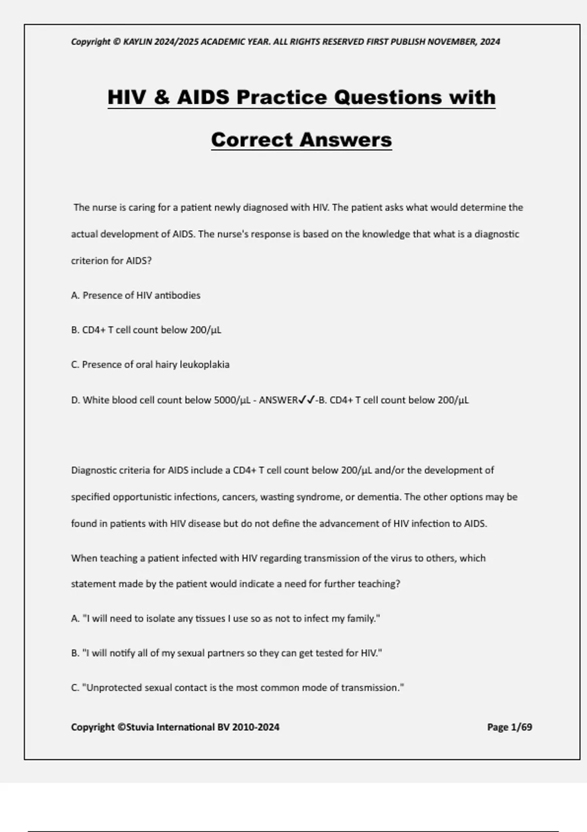 HIV & AIDS Practice Questions with Correct Answers - Prep Tests - Stuvia US