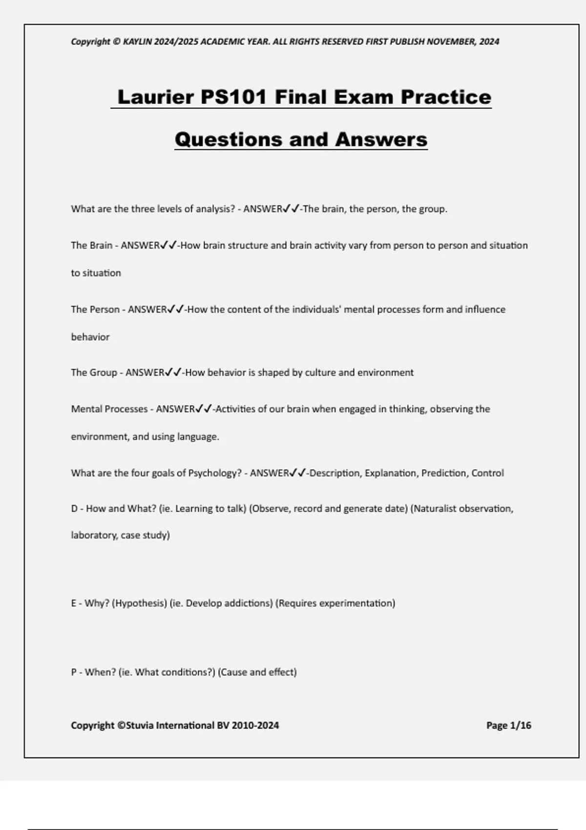 Ps101 Laurier PS101 Final Exam Practice Questions and Answers - Prep Tests ...
