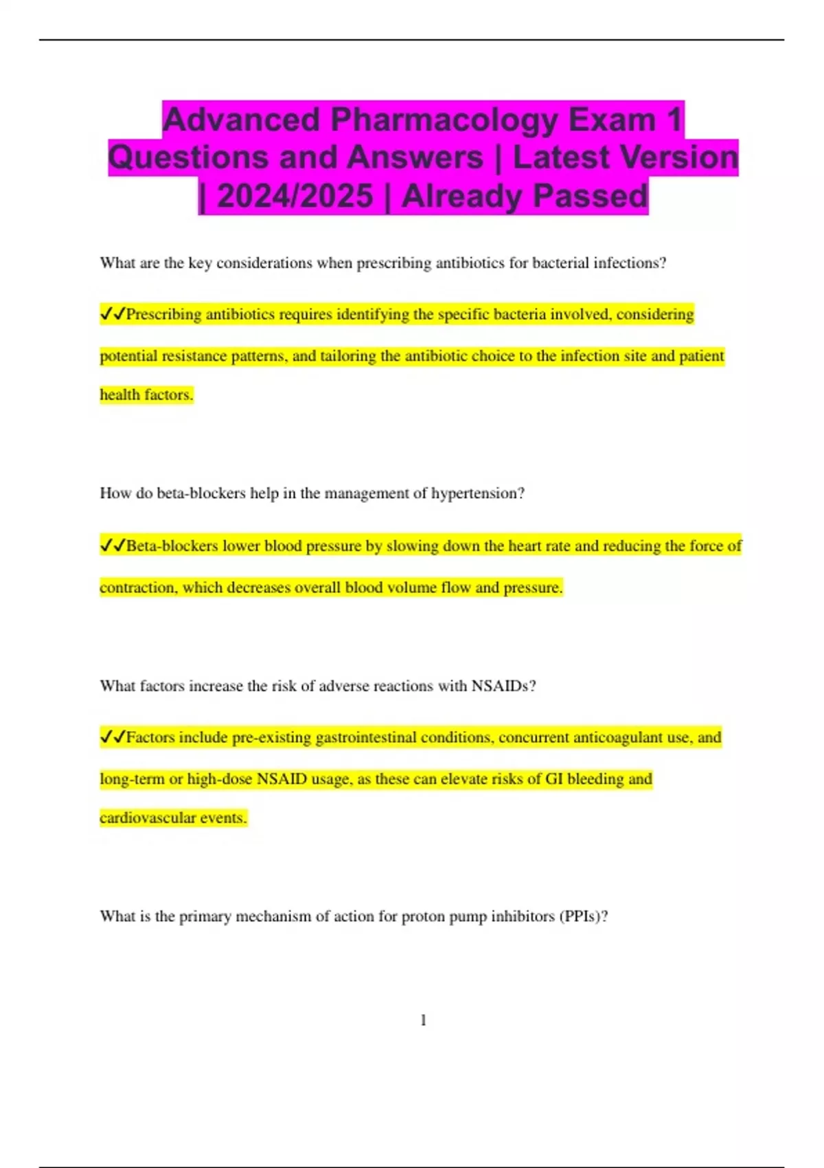 Advanced Pharmacology Exam 1 Questions And Answers Latest Version Advanced pharmacology exam 1 questions and answers latest version