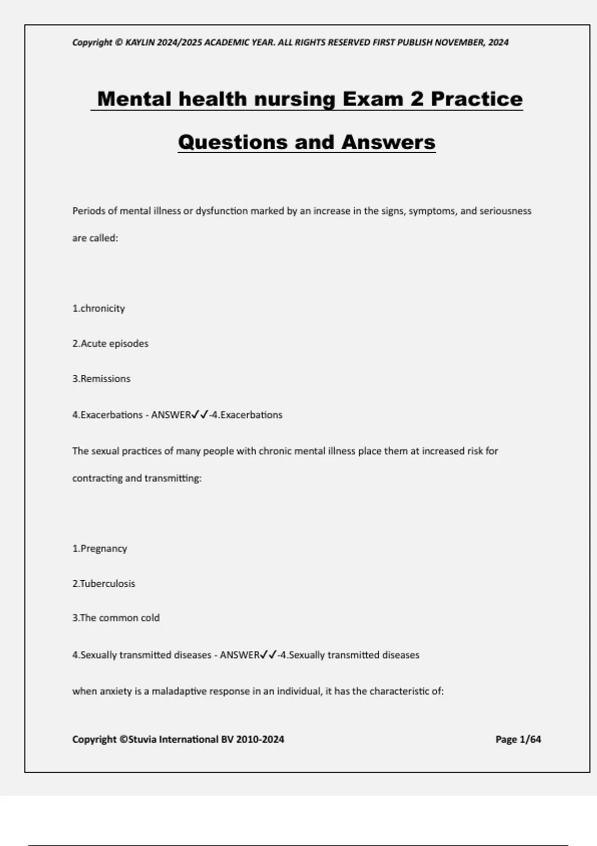 Mental health nursing Exam 2 Practice Questions and Answers - Practice ...