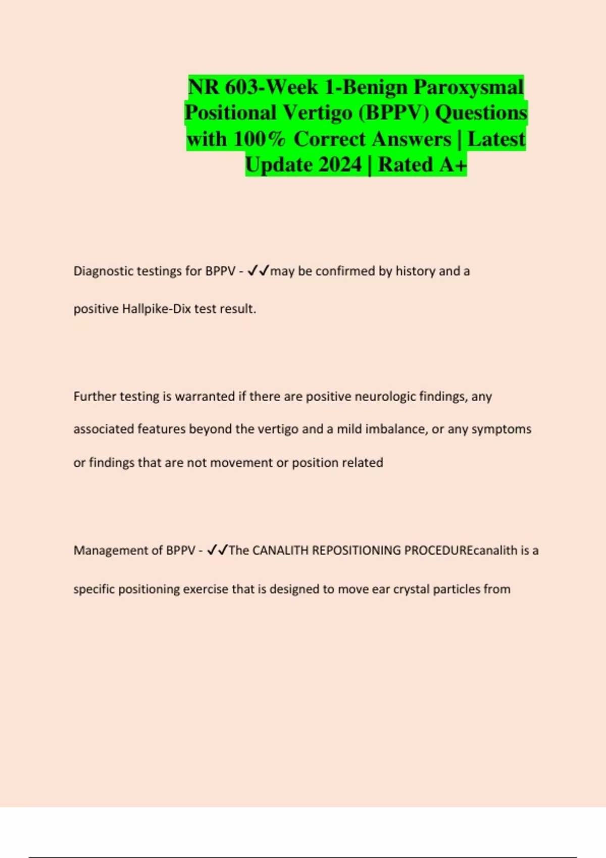 NR 603Week 1Benign Paroxysmal Positional Vertigo (BPPV) Questions