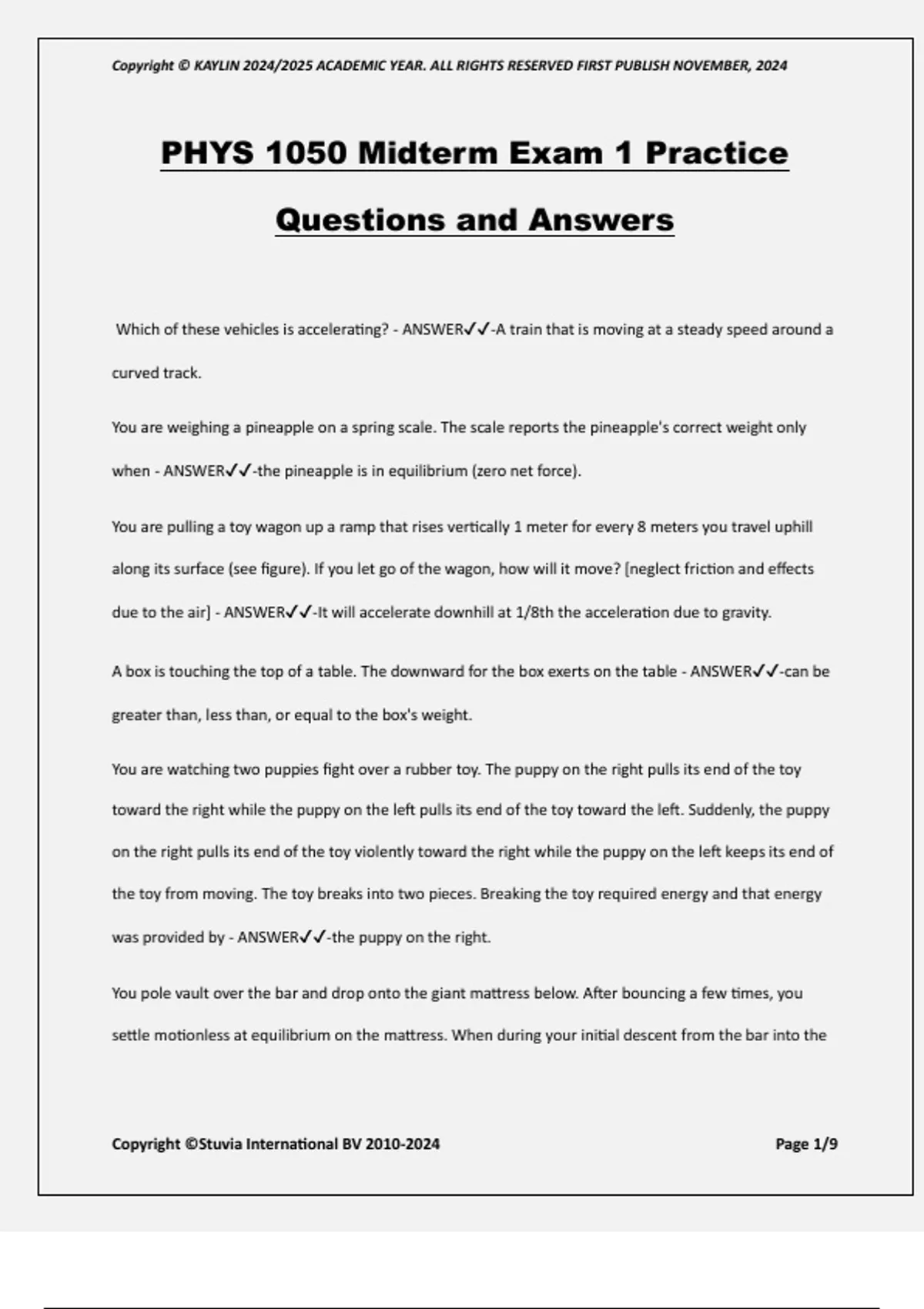 PHYS 1050 Midterm Exam 1 Practice Questions and Answers - Practice ...