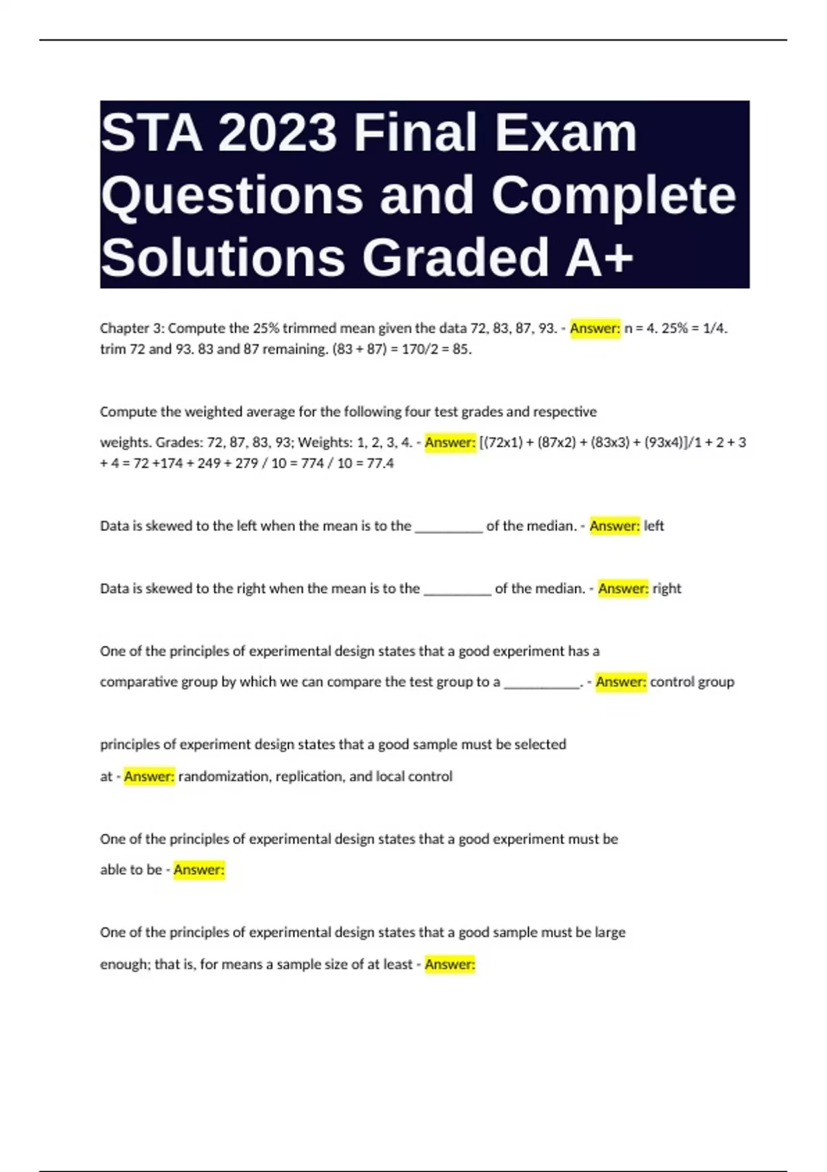 STA 2023 Final Exam Questions with Complete Solutions Graded A+ ...