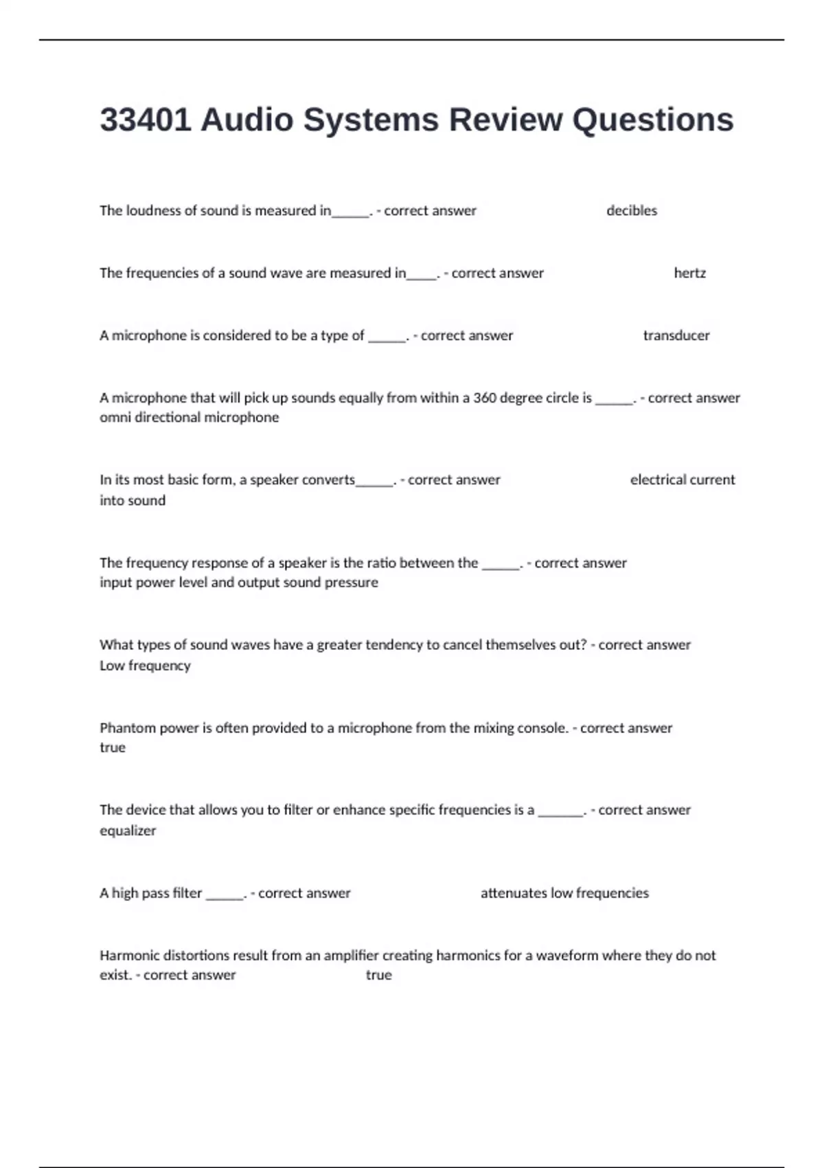 Sound Review Study Guide Answers 33401 Audio Systems Review Questions With complete Verified Answers 100 ...