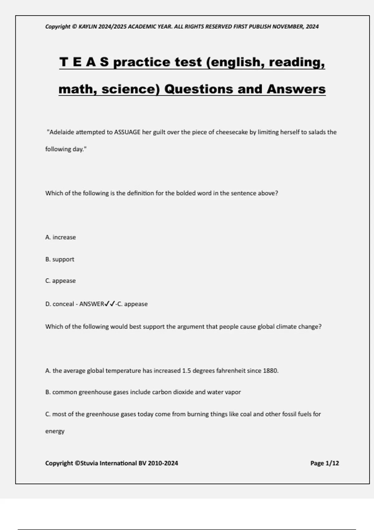 T E A S practice test (english, reading, math, science) Questions and ...