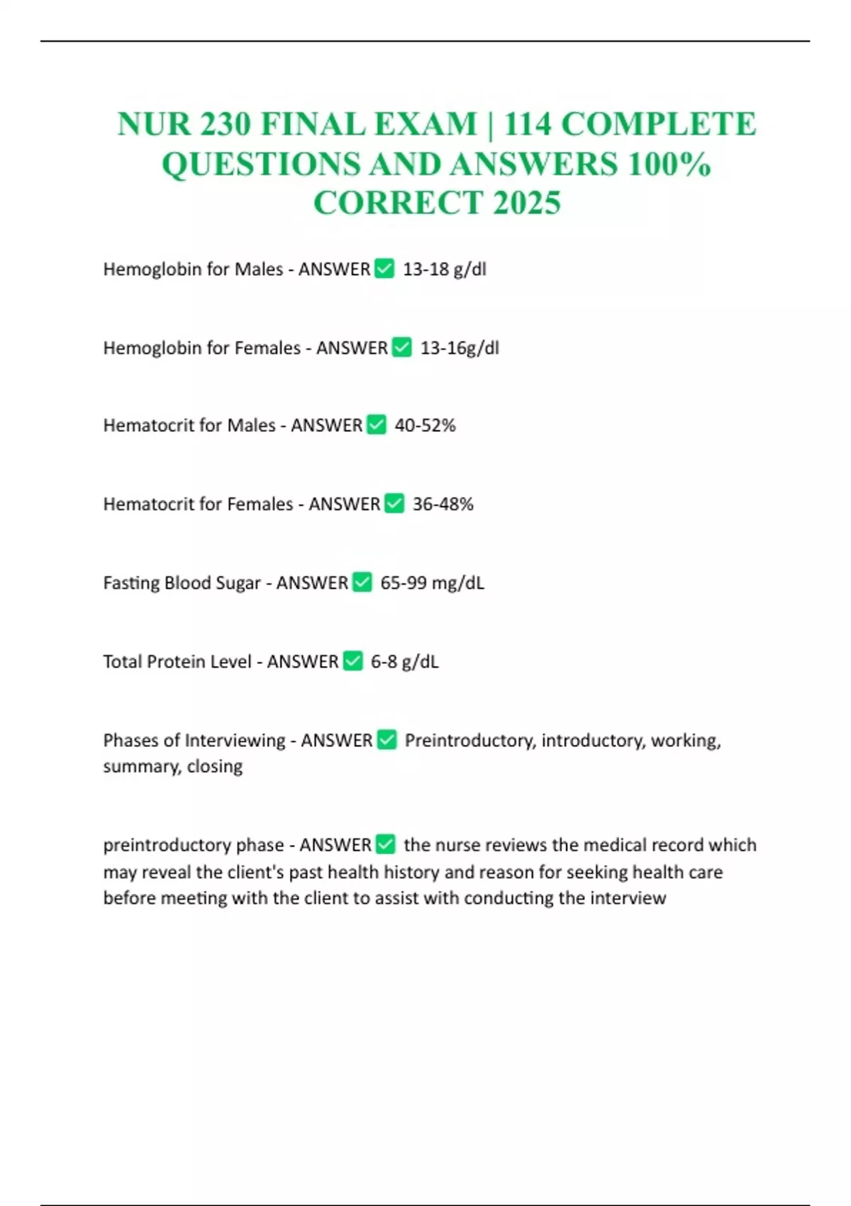 NUR 230 FINAL EXAM | 114 COMPLETE QUESTIONS AND ANSWERS 100% CORRECT ...