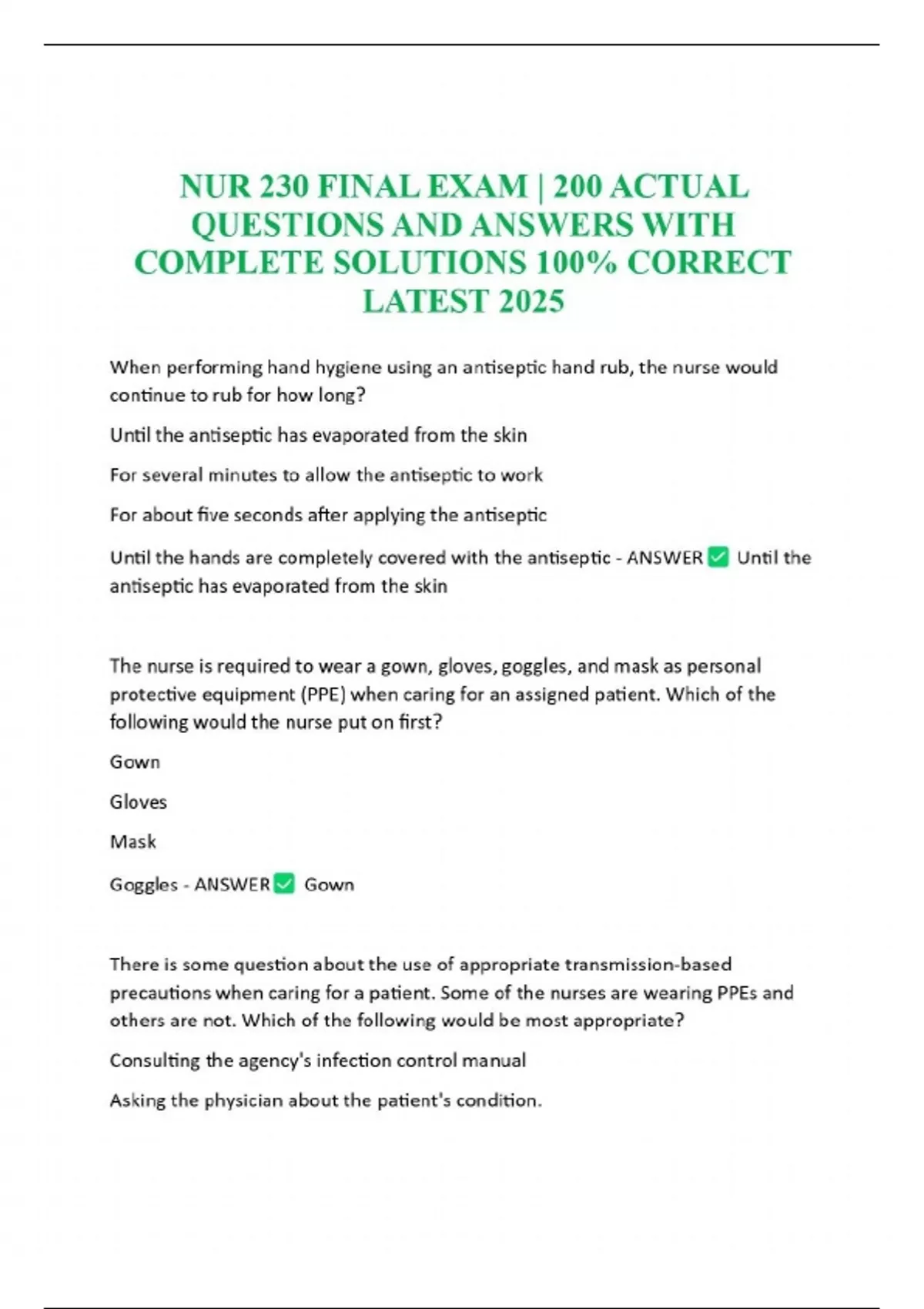 NUR 230 FINAL EXAM | 200 ACTUAL QUESTIONS AND ANSWERS WITH COMPLETE ...