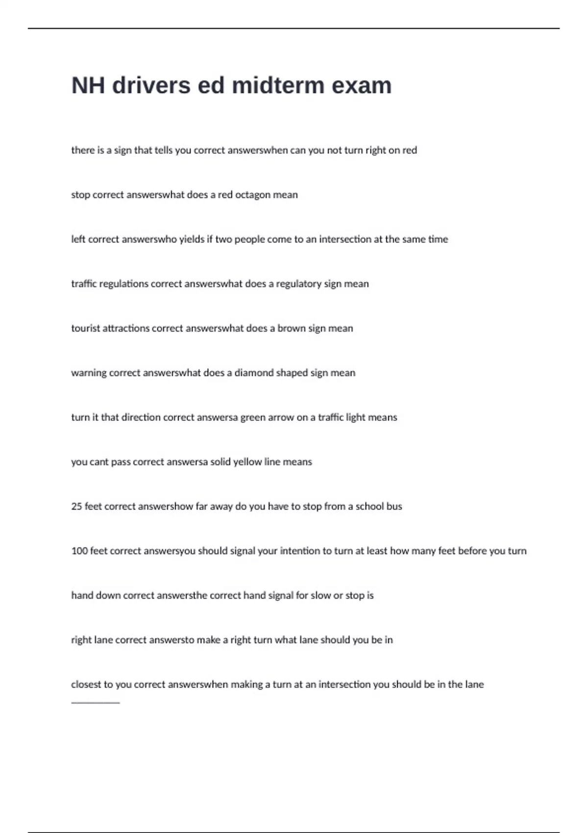NH drivers ed midterm exam 2024/2025 with 100 correct answers NH
