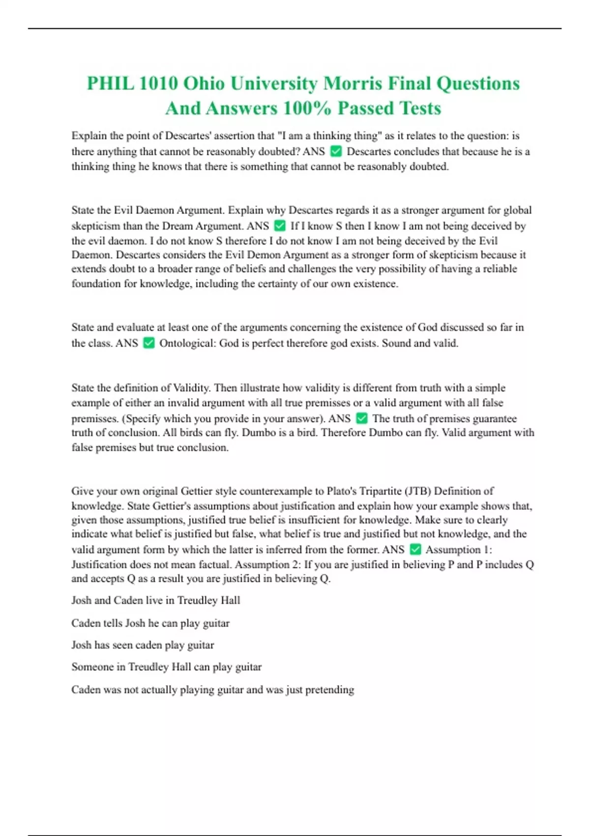 PHIL 1010 Ohio University Morris Final Questions And Answers 100% ...
