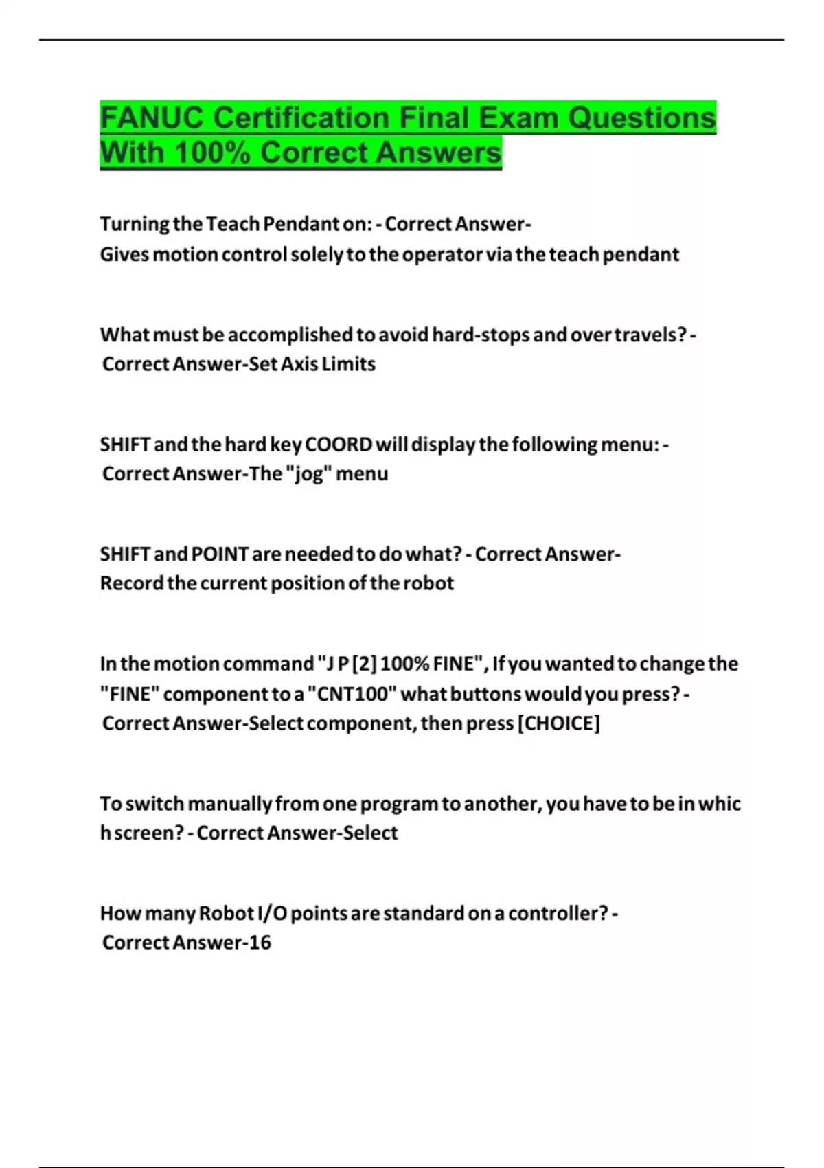 Package deal for FANUC Final Exam Questions with 100% Correct Answers ...