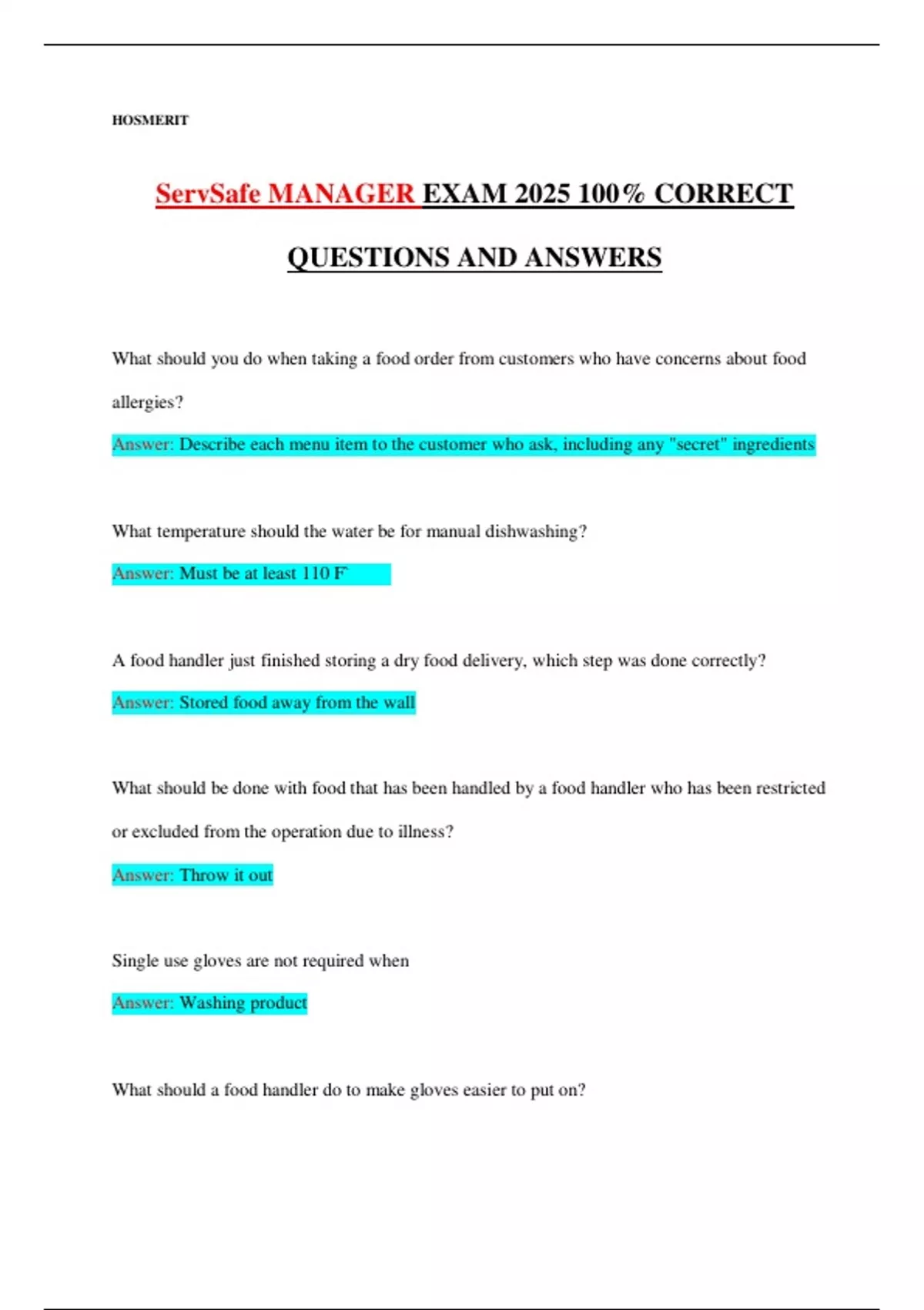 ServSafe MANAGER EXAM 2025 100% CORRECT QUESTIONS AND ANSWERS ...