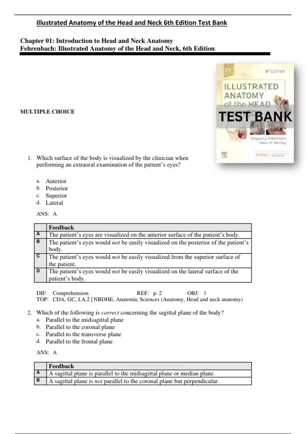 Illustrated Anatomy of the Head and Neck 6th Edition Test Bank by ...