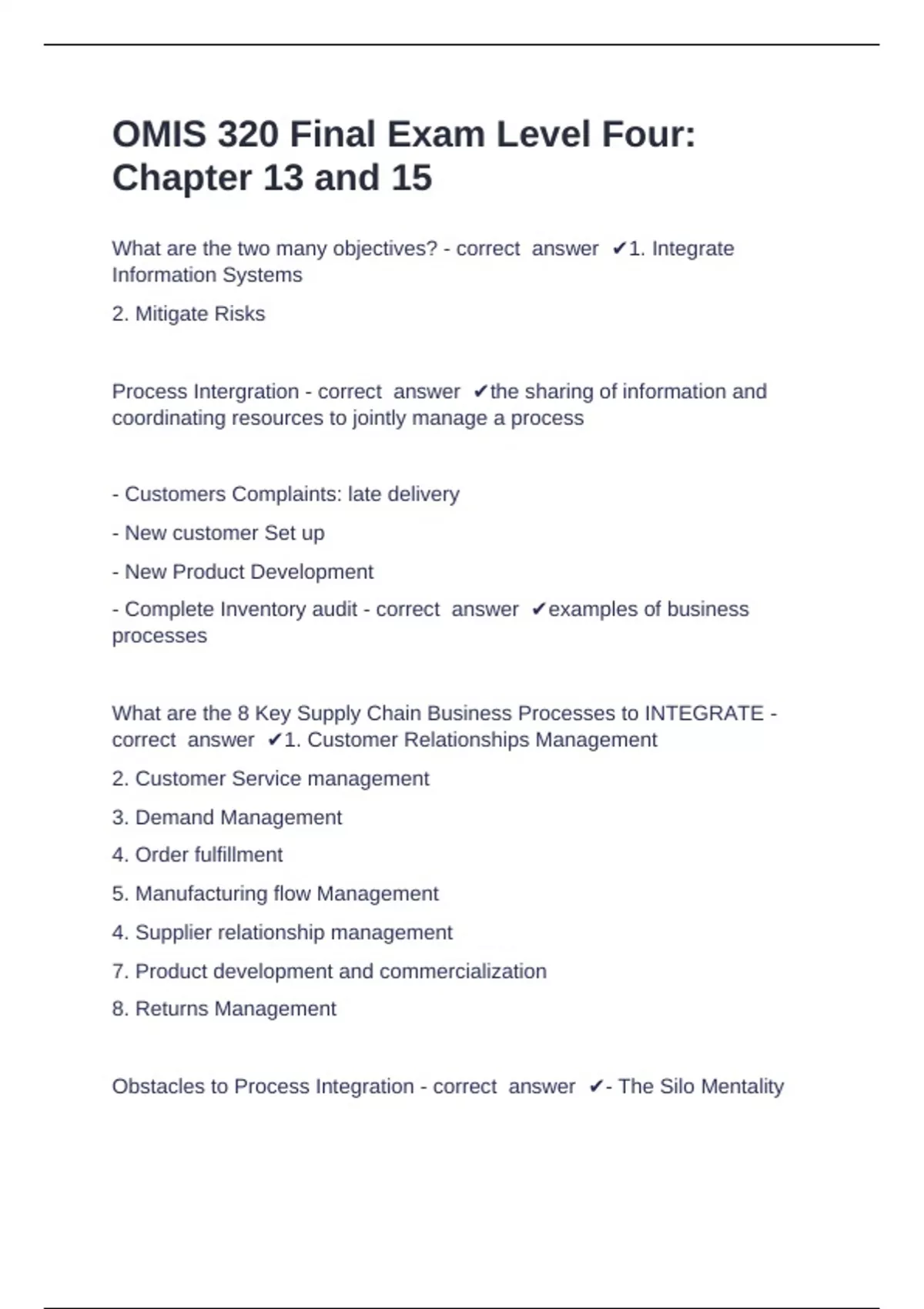 Level 4 Question Examples OMIS 320 Final Exam Level Four Questions with complete solution - OMIS ...