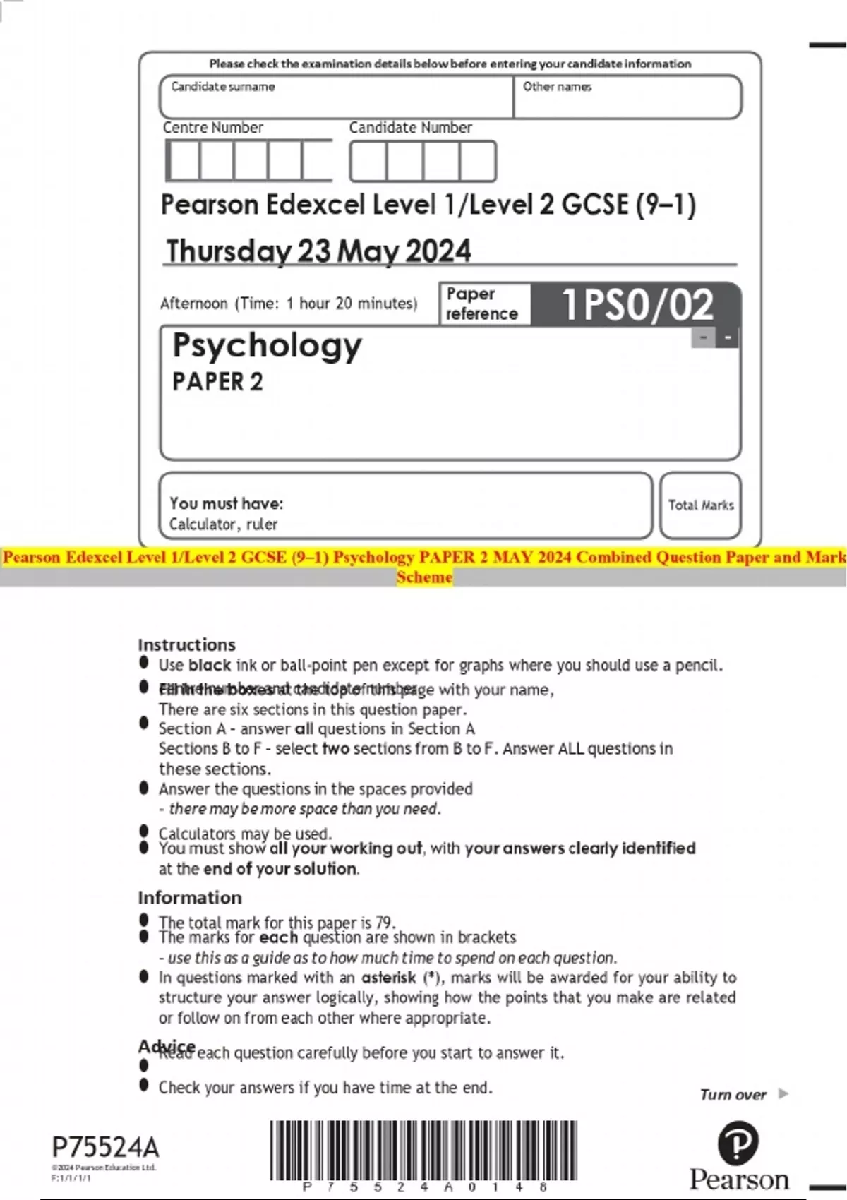 Pearson Edexcel Level 1/Level 2 GCSE (9–1) Psychology PAPER 2 MAY 2024 ...