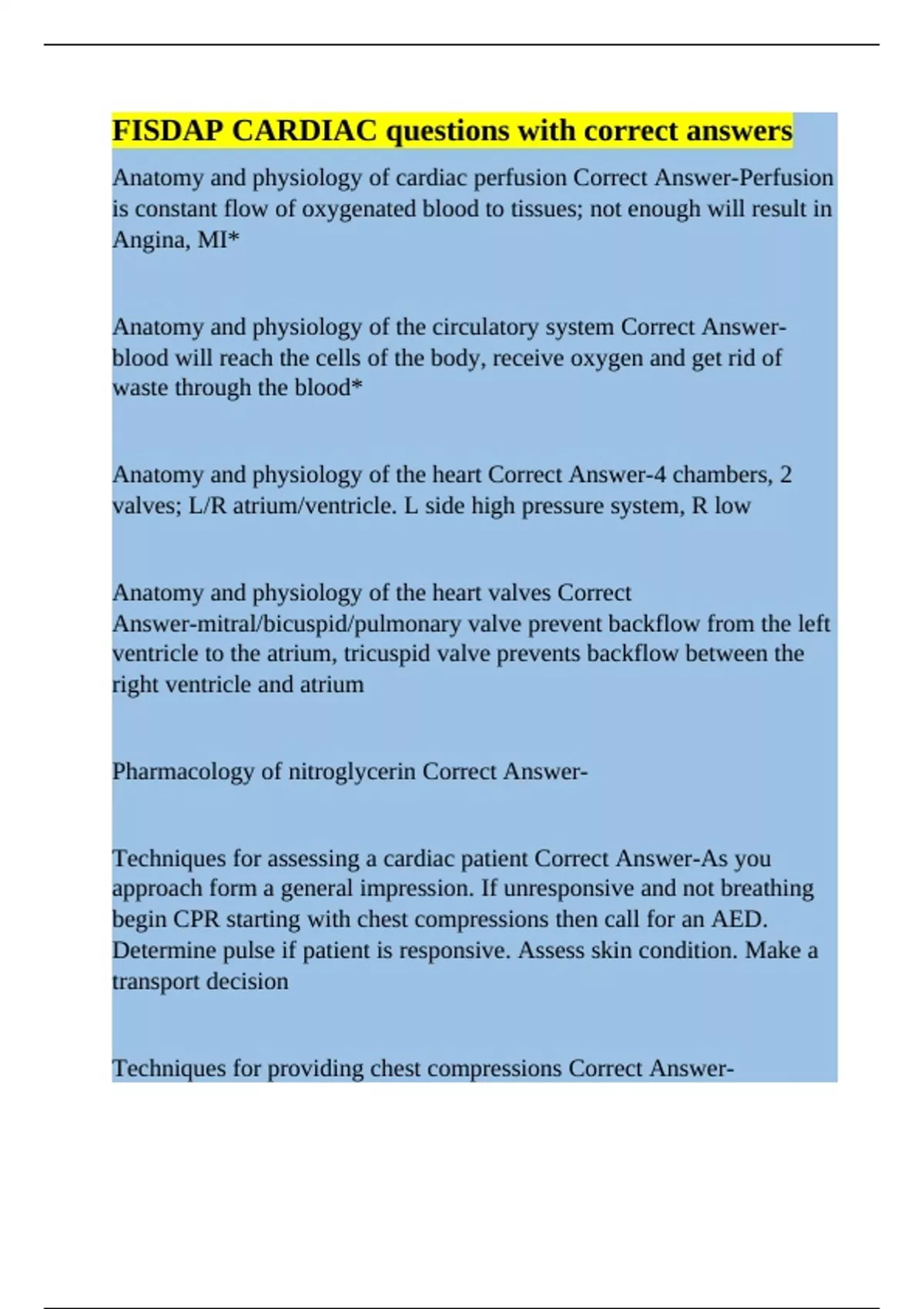 FISDAP CARDIAC questions with correct answers - Fisdap - Stuvia US