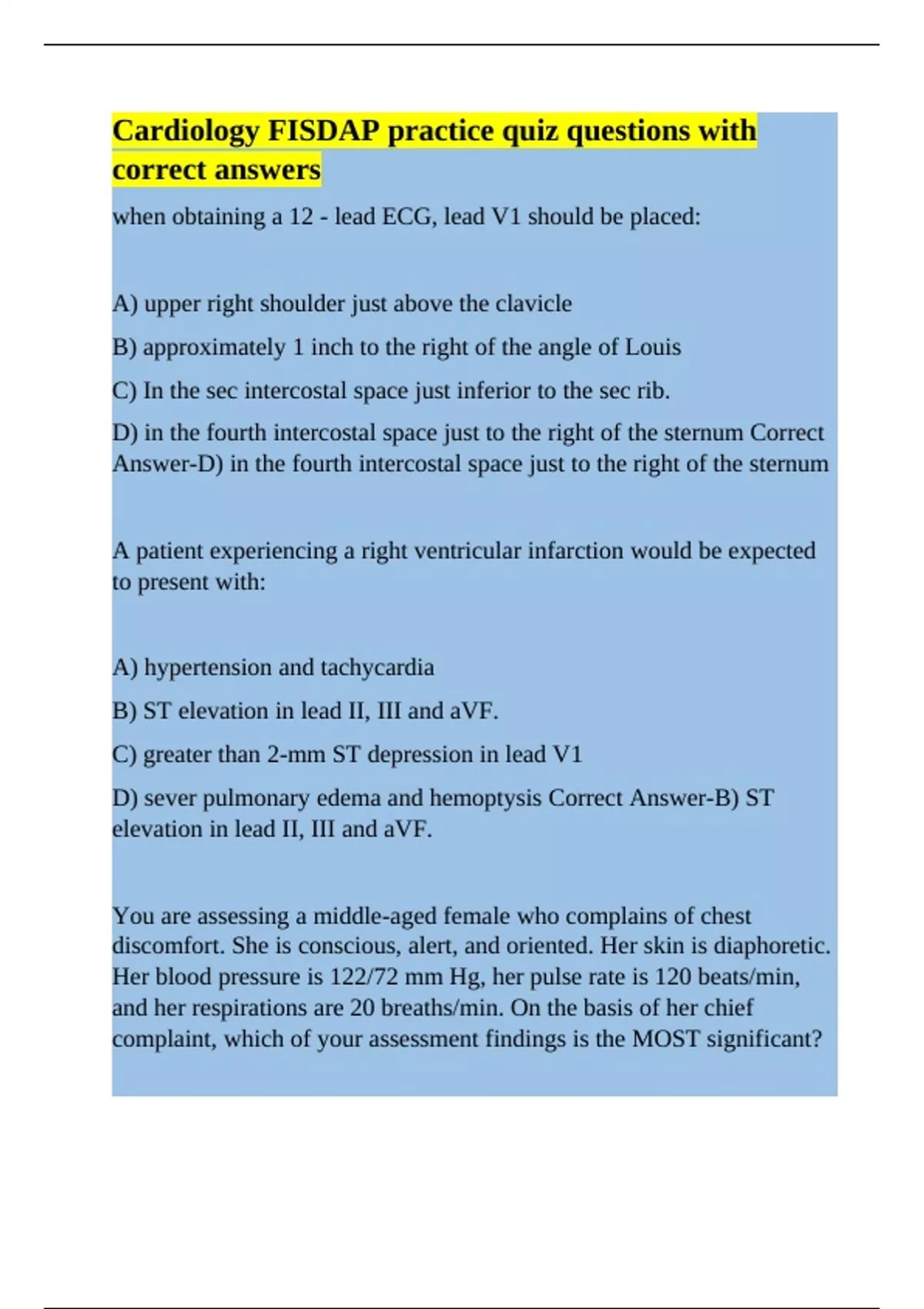Cardiology FISDAP practice quiz questions with correct answers ...
